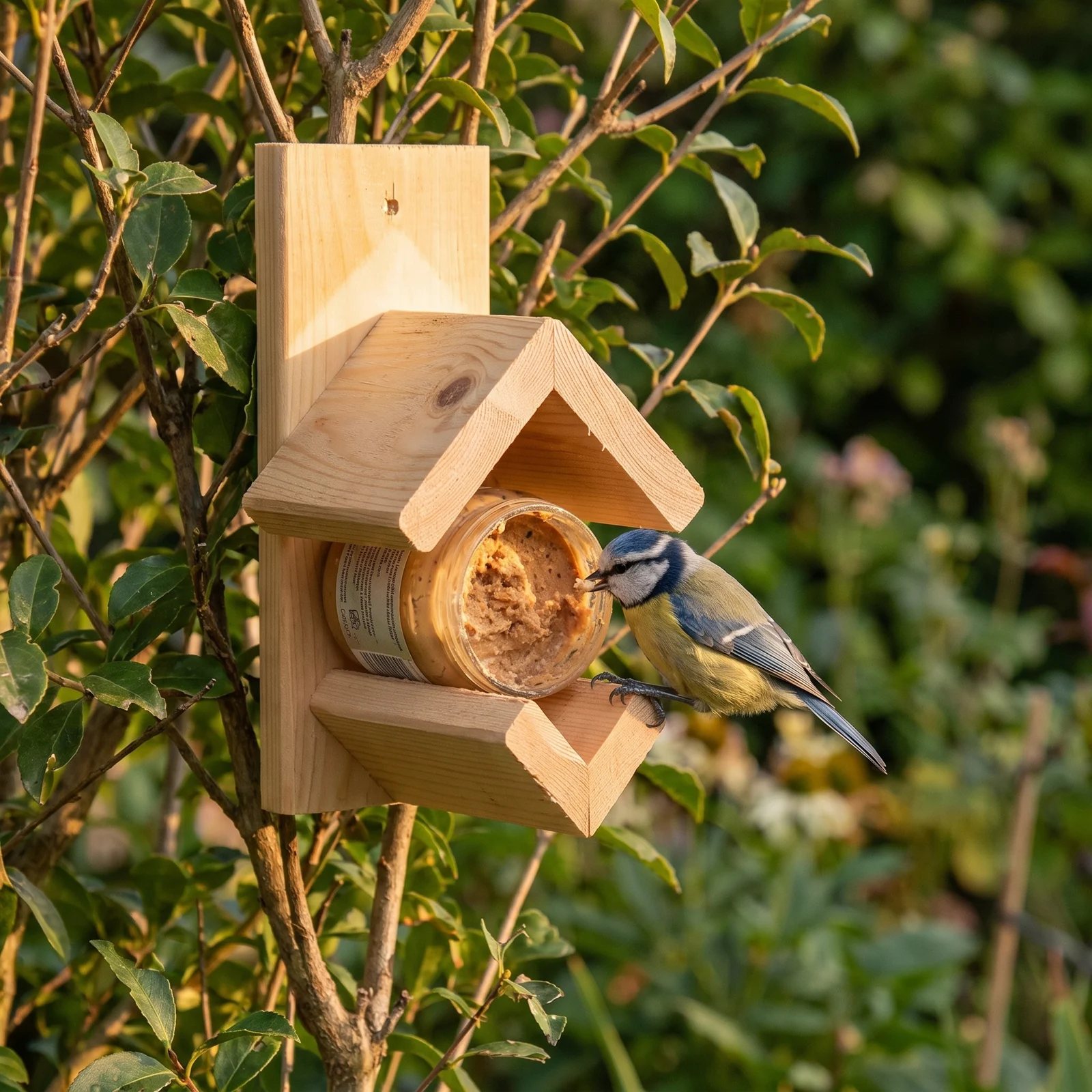 Pimpelmees eet bij pindakaaspothouder – The Bird Family