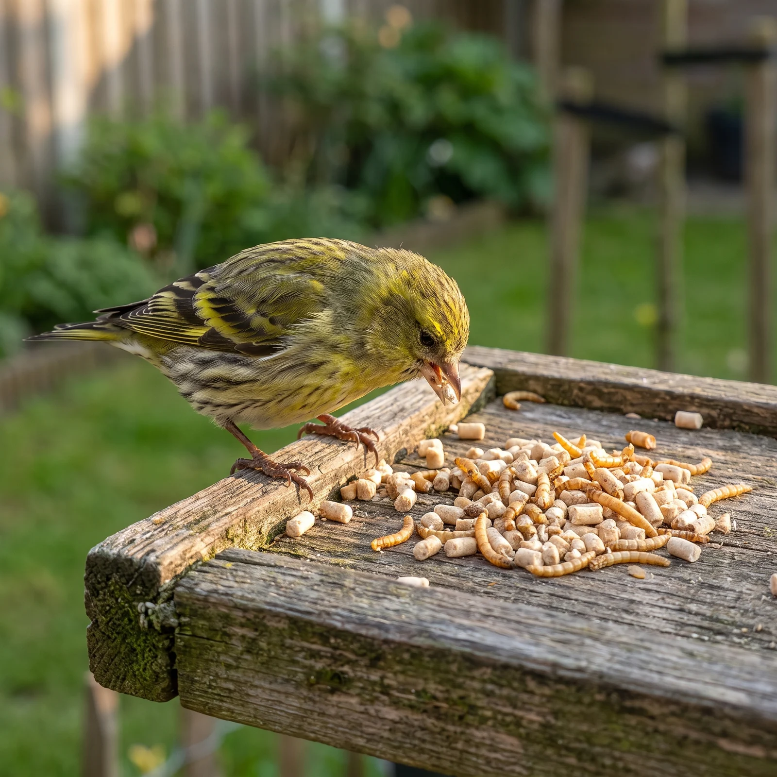 Sijs eet insecten vetpellets met meelwormen – The Bird Family