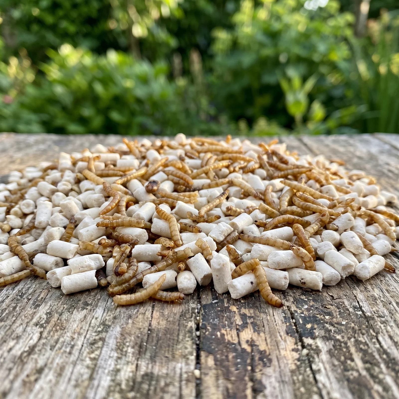 Insecten vetpellets met meelwormen op een voedertafel in de tuin – The Bird Family