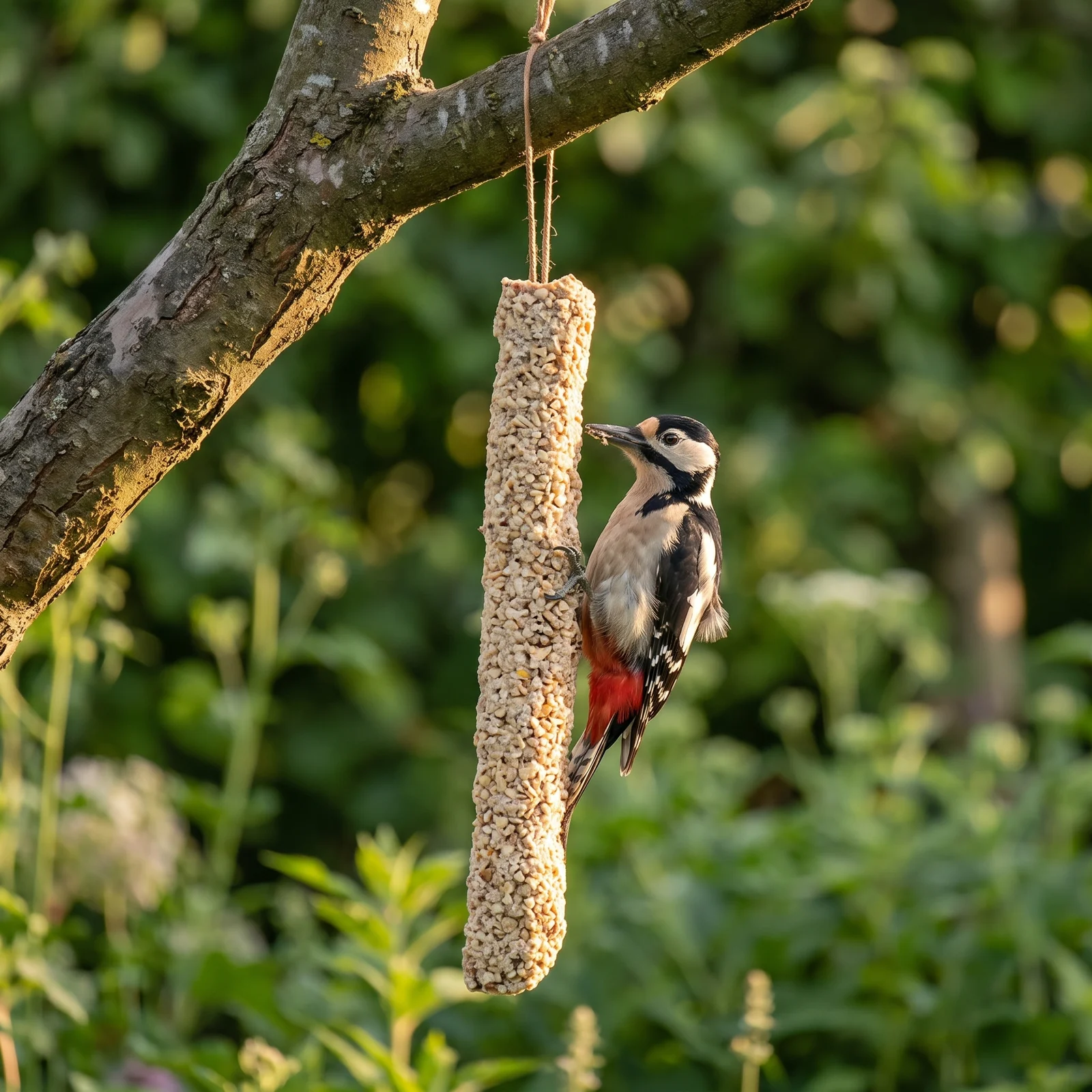 Grote bonte specht eet van vetstaaf noten XL – The Bird Family