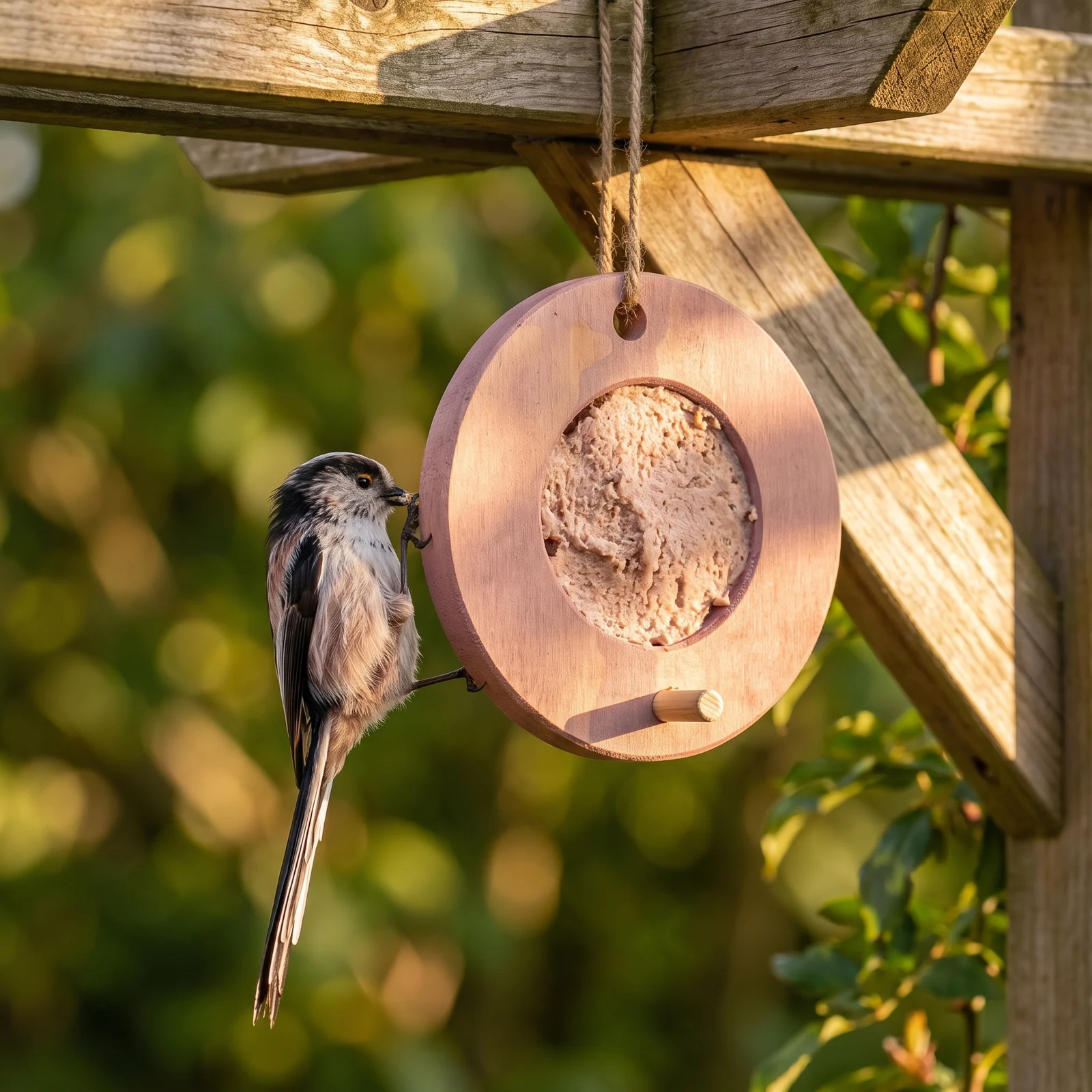 Staartmees eet van vogelmousse voederring roze – The Bird Family