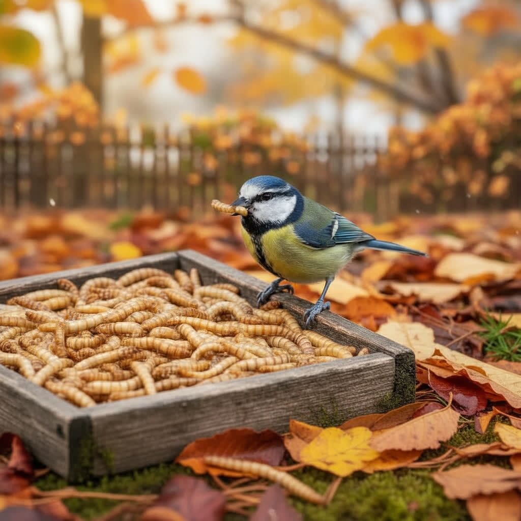 Vogel eet insecten in herfstomgeving met bladeren.