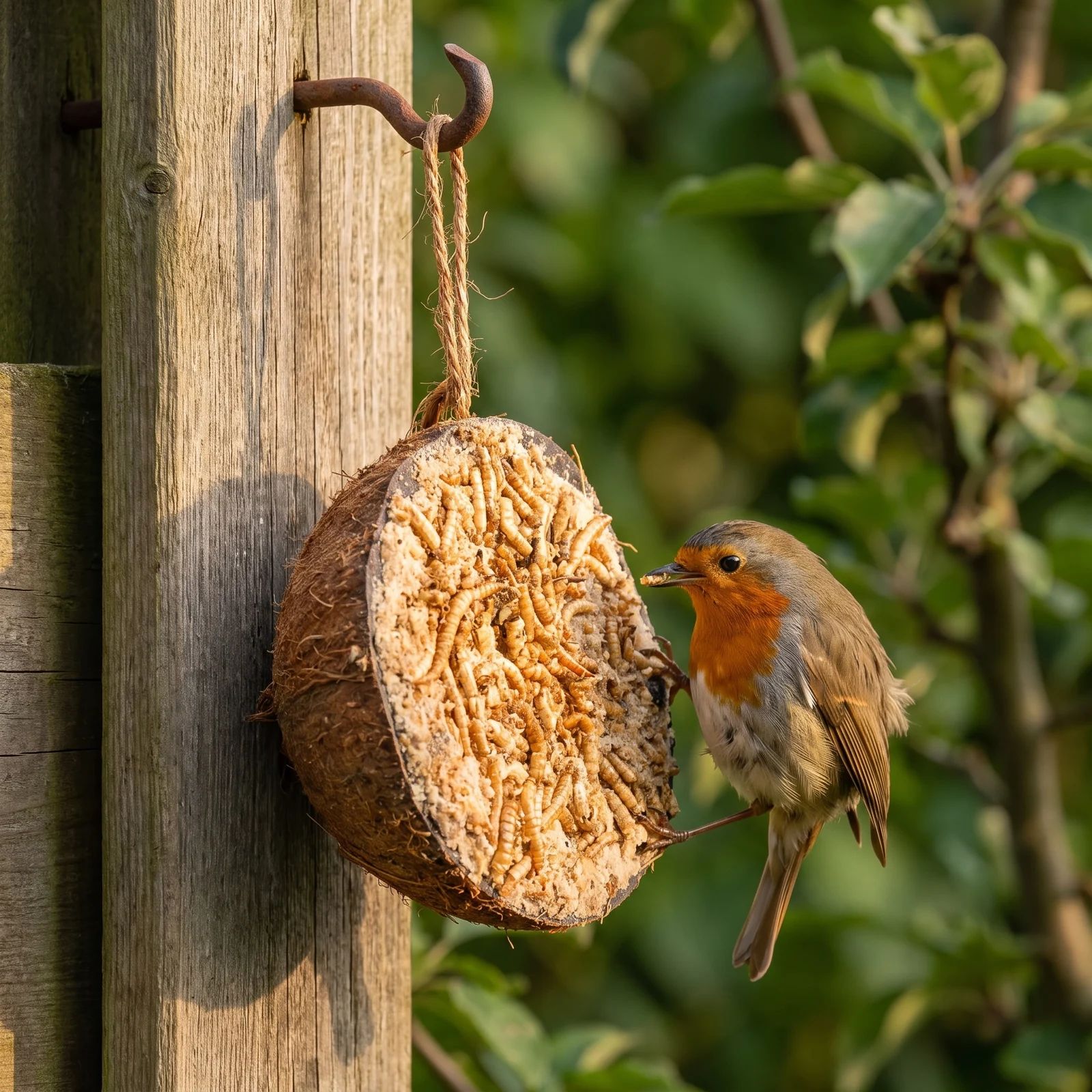 Roodborst eet van halve gevulde kokosnoot meelworm – The Bird Family