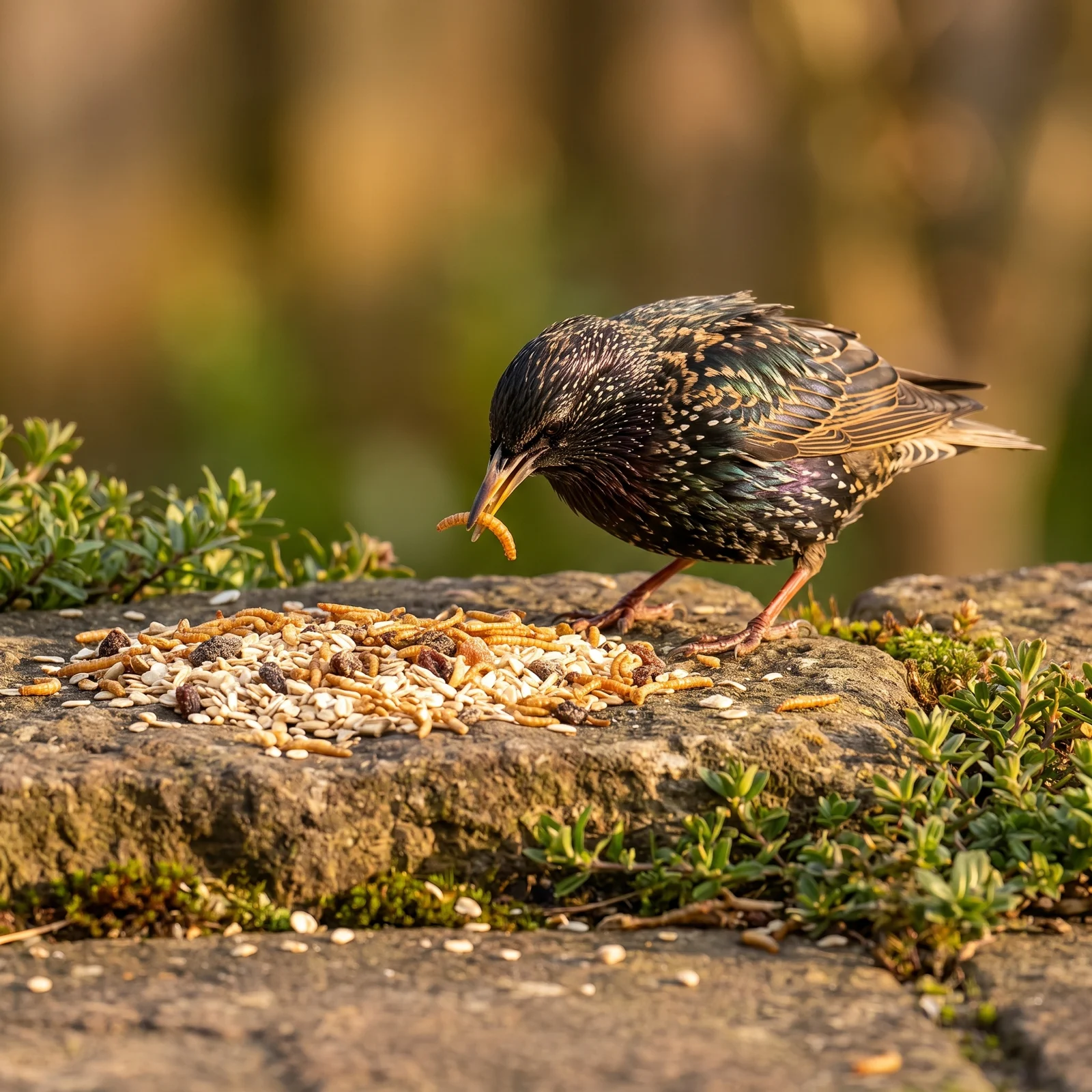 Spreeuw eet strooivoer Excellent muesli, rozijn en meelworm – The Bird Family