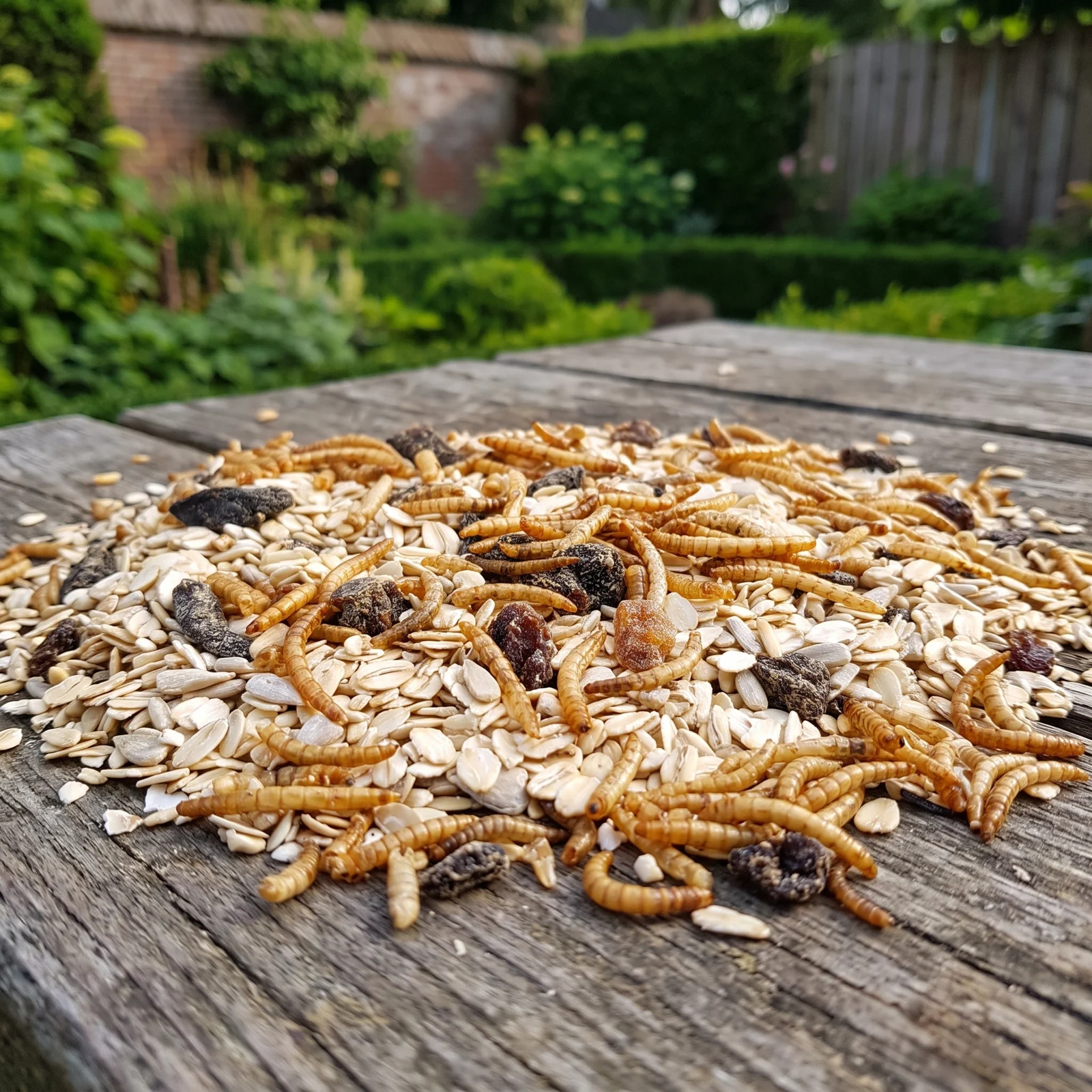 Strooivoer Excellent muesli, rozijn en meelworm op een voedertafel in de tuin – The Bird Family