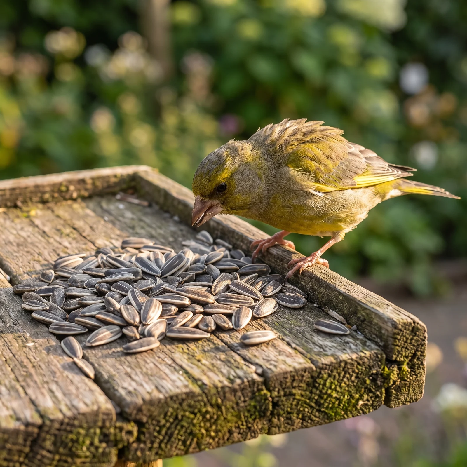 Groenling eet gestreepte zonnebloempitten – The Bird Family