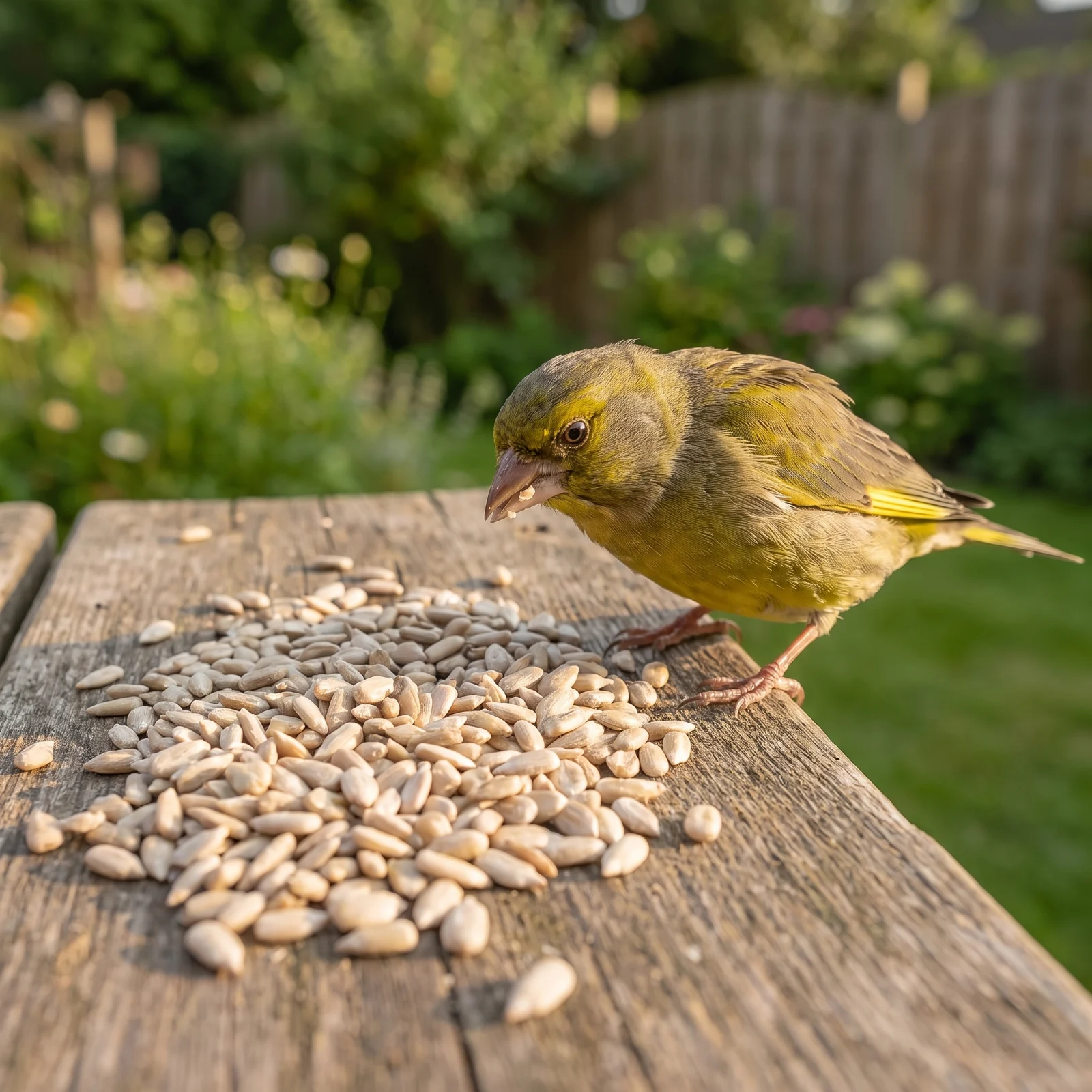 Groenling eet gepelde zonnebloempitten – The Bird Family