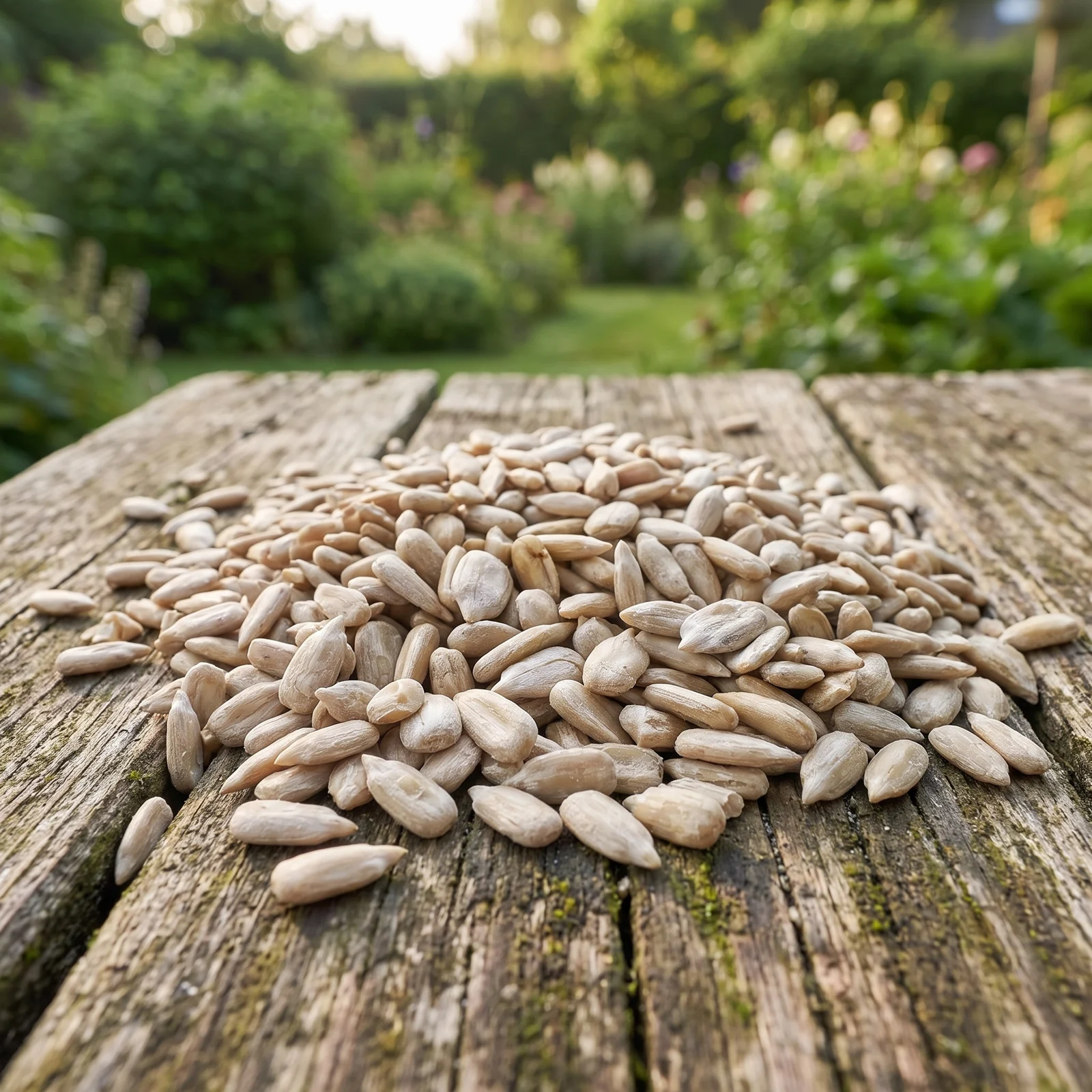 Gepelde zonnebloempitten op een voedertafel in de tuin – The Bird Family