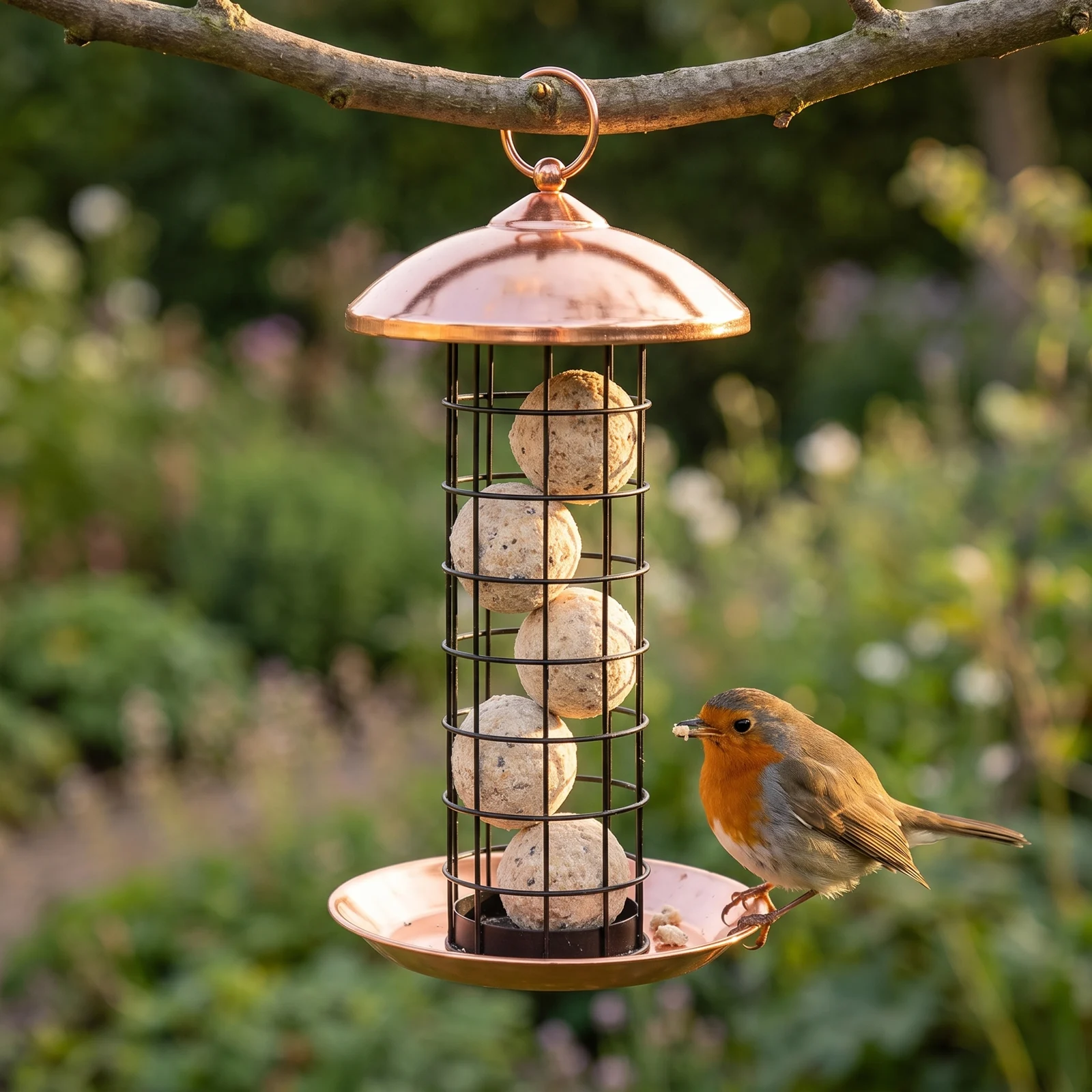 Roodborst op de koperen opvangschaal van een vetbolhouder