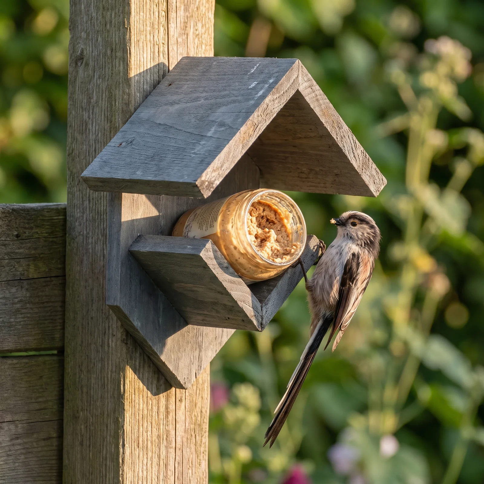 Staartmees eet bij pindakaaspothouder grijs – The Bird Family