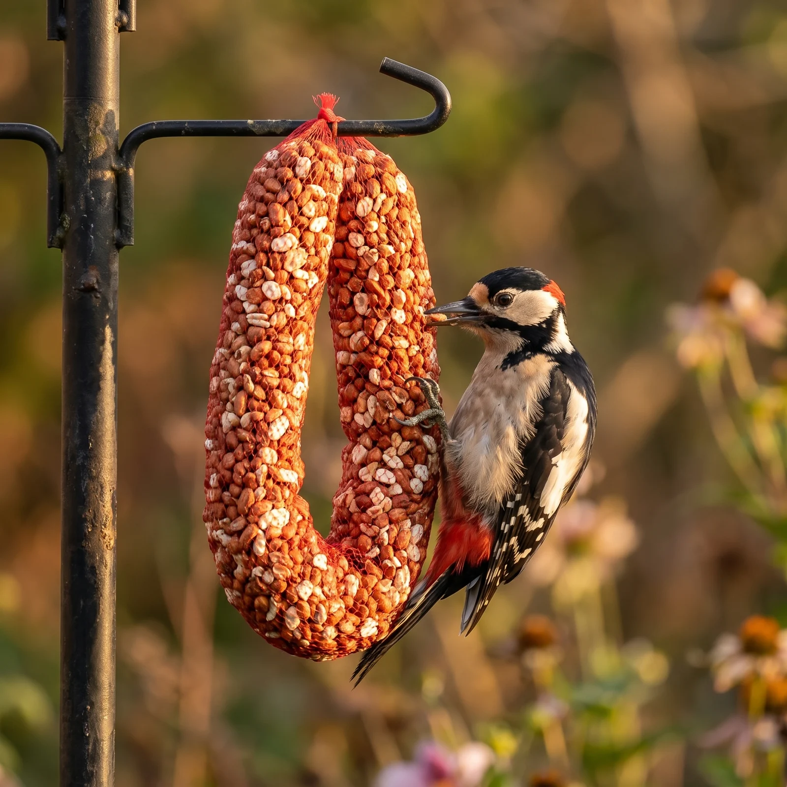 Grote bonte specht eet van pindaslinger – The Bird Family