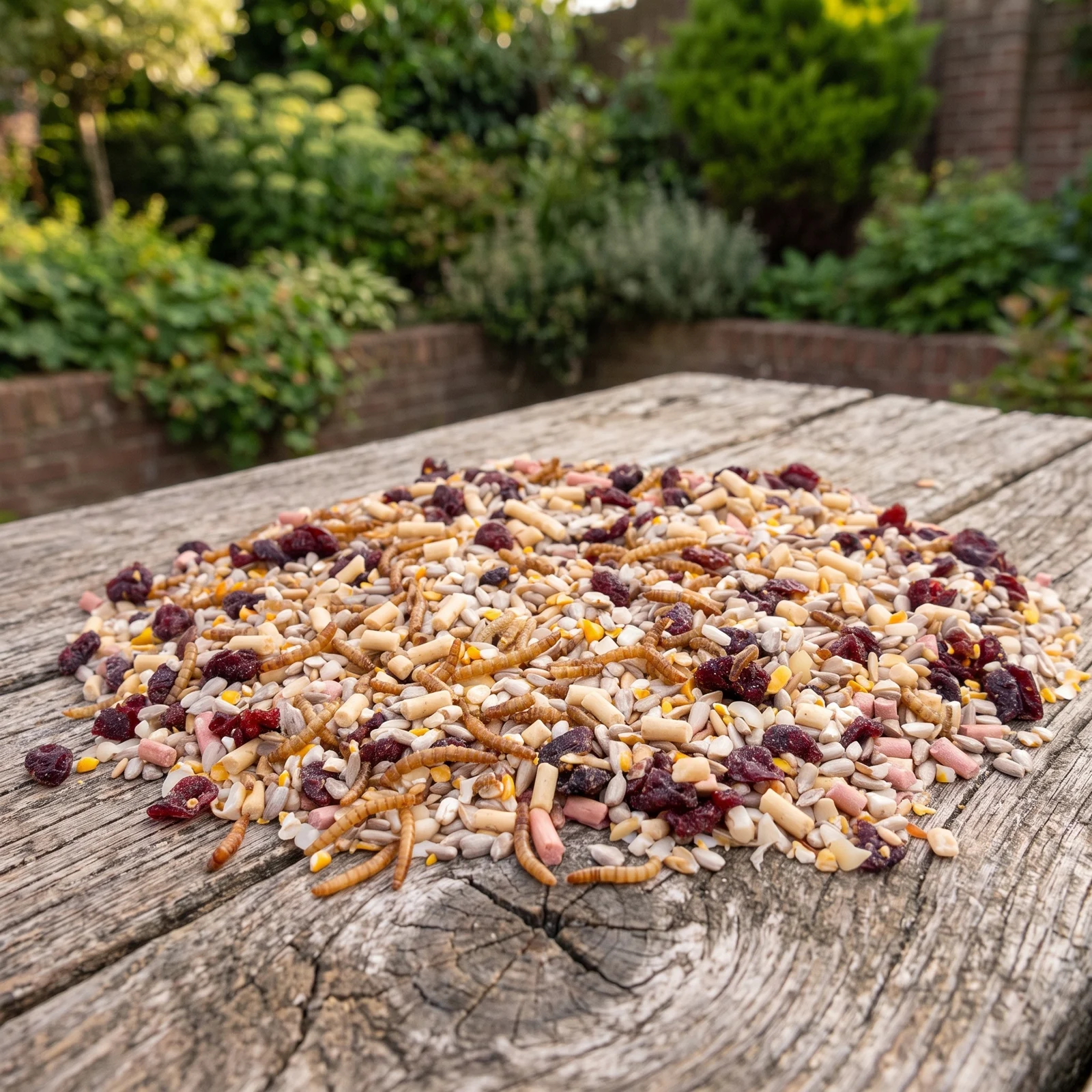 Strooivoer High Energy Plus Prestige op een voedertafel in de tuin – The Bird Family