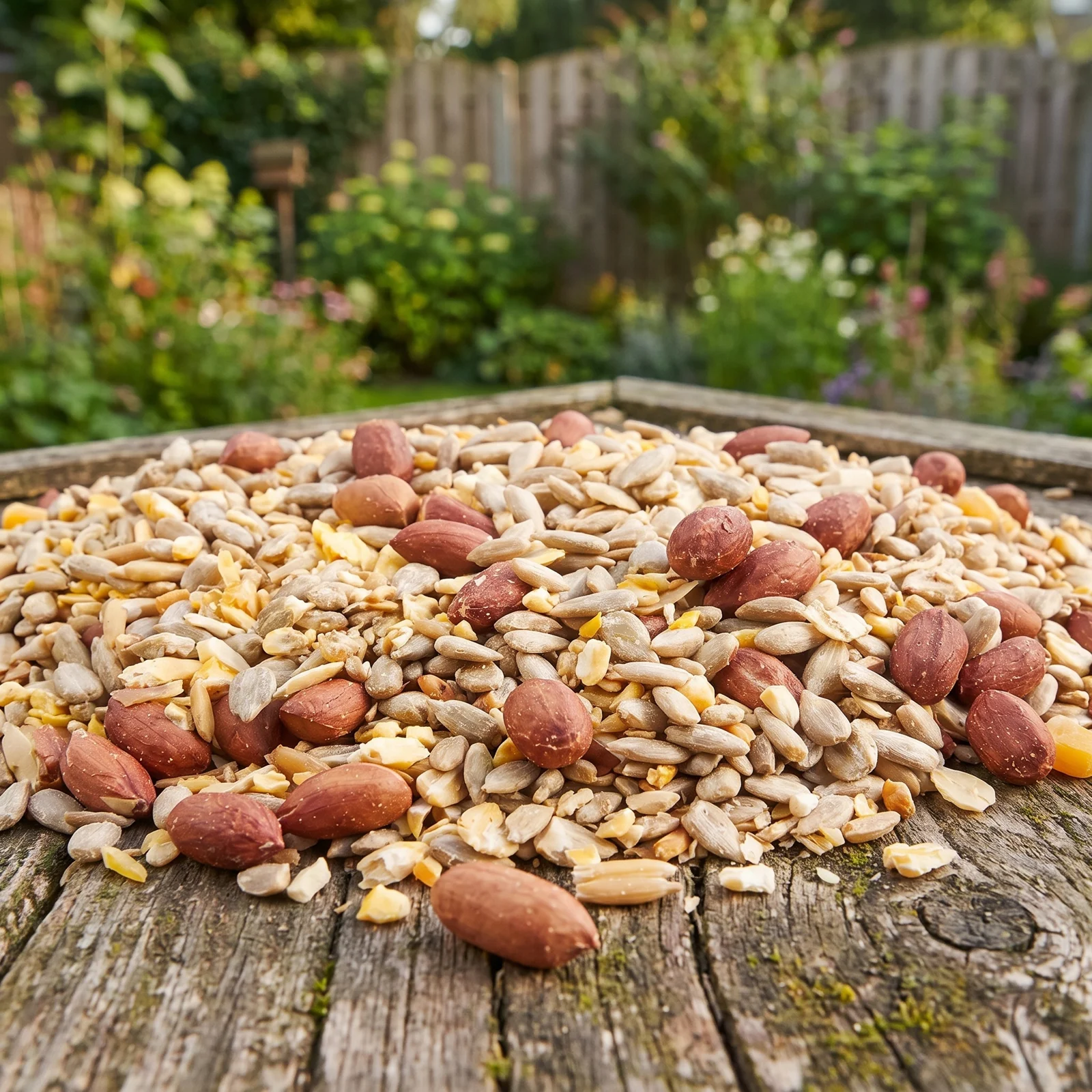 Strooivoer High Energy Plus met gepelde pinda's op een voedertafel in de tuin – The Bird Family
