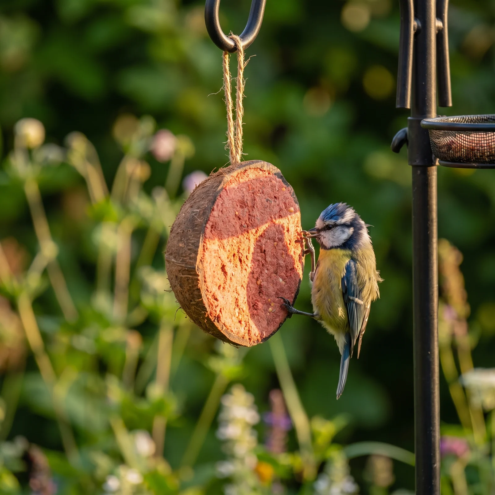 Pimpelmees eet van halve gevulde kokosnoot bessen – The Bird Family