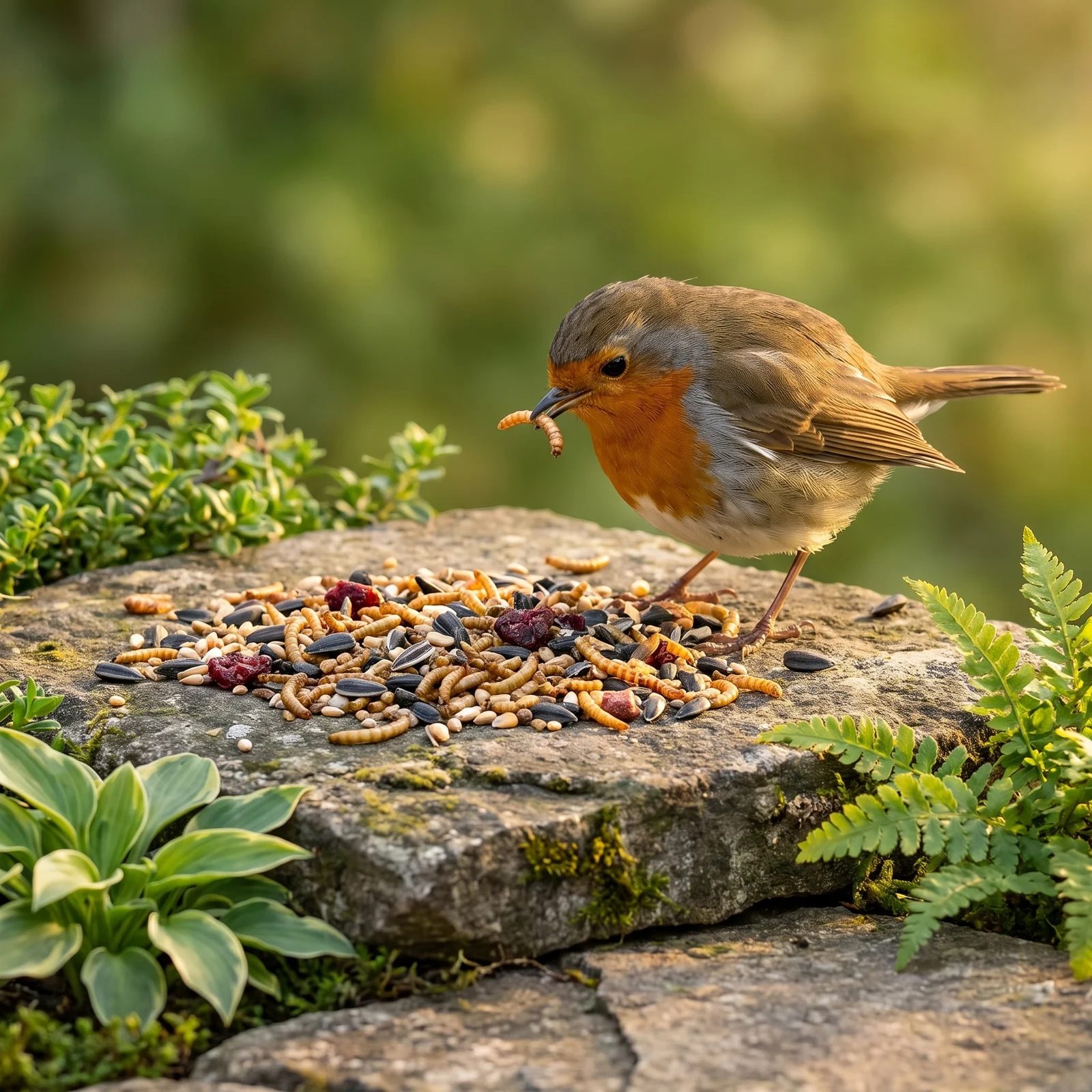 Roodborst eet strooivoer Excellent meelworm en fruit – The Bird Family