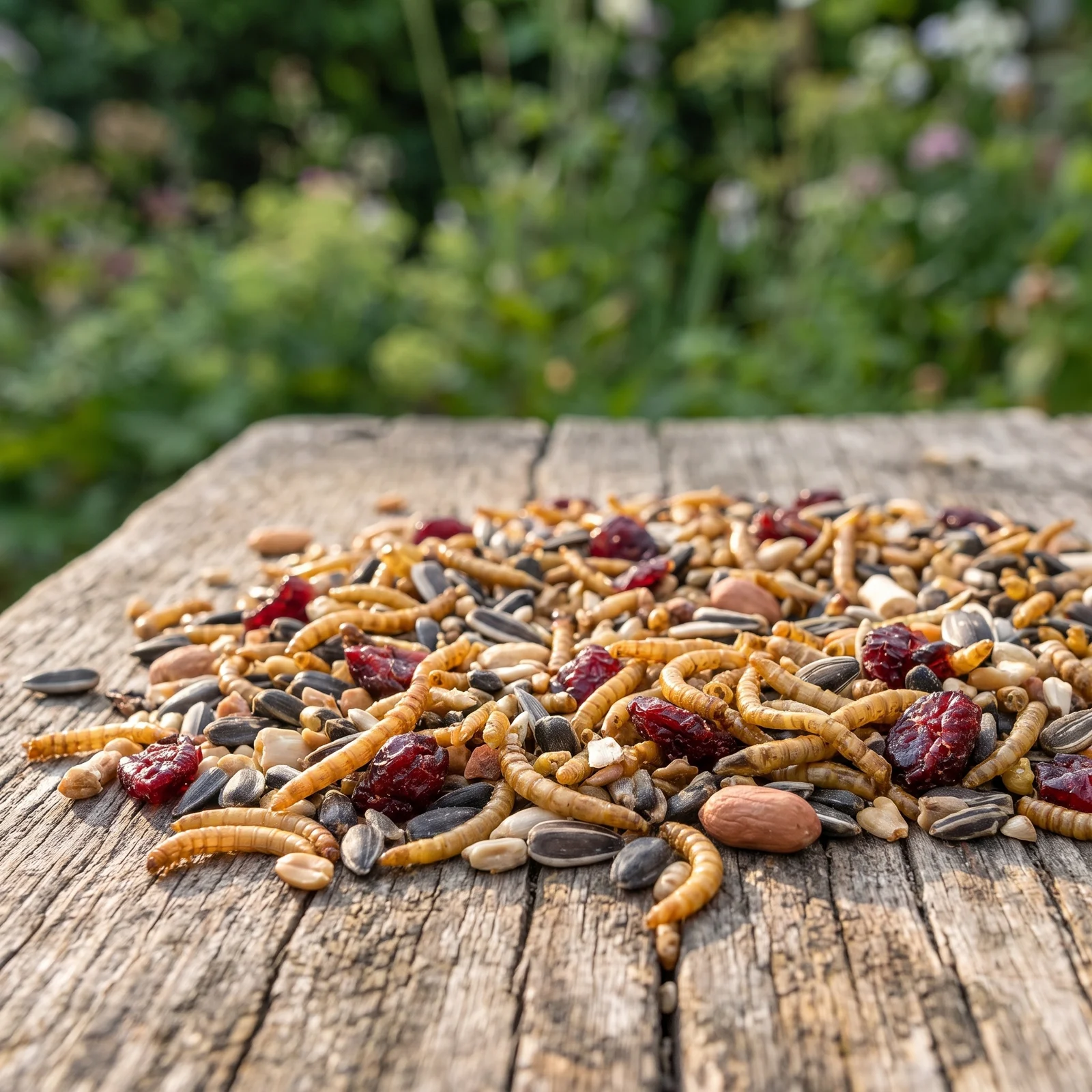 Strooivoer Excellent meelworm en fruit op een voedertafel in de tuin – The Bird Family