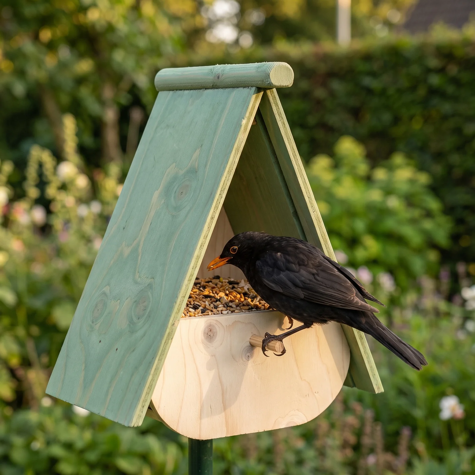 Merel bij voederhuis plateau – The Bird Family