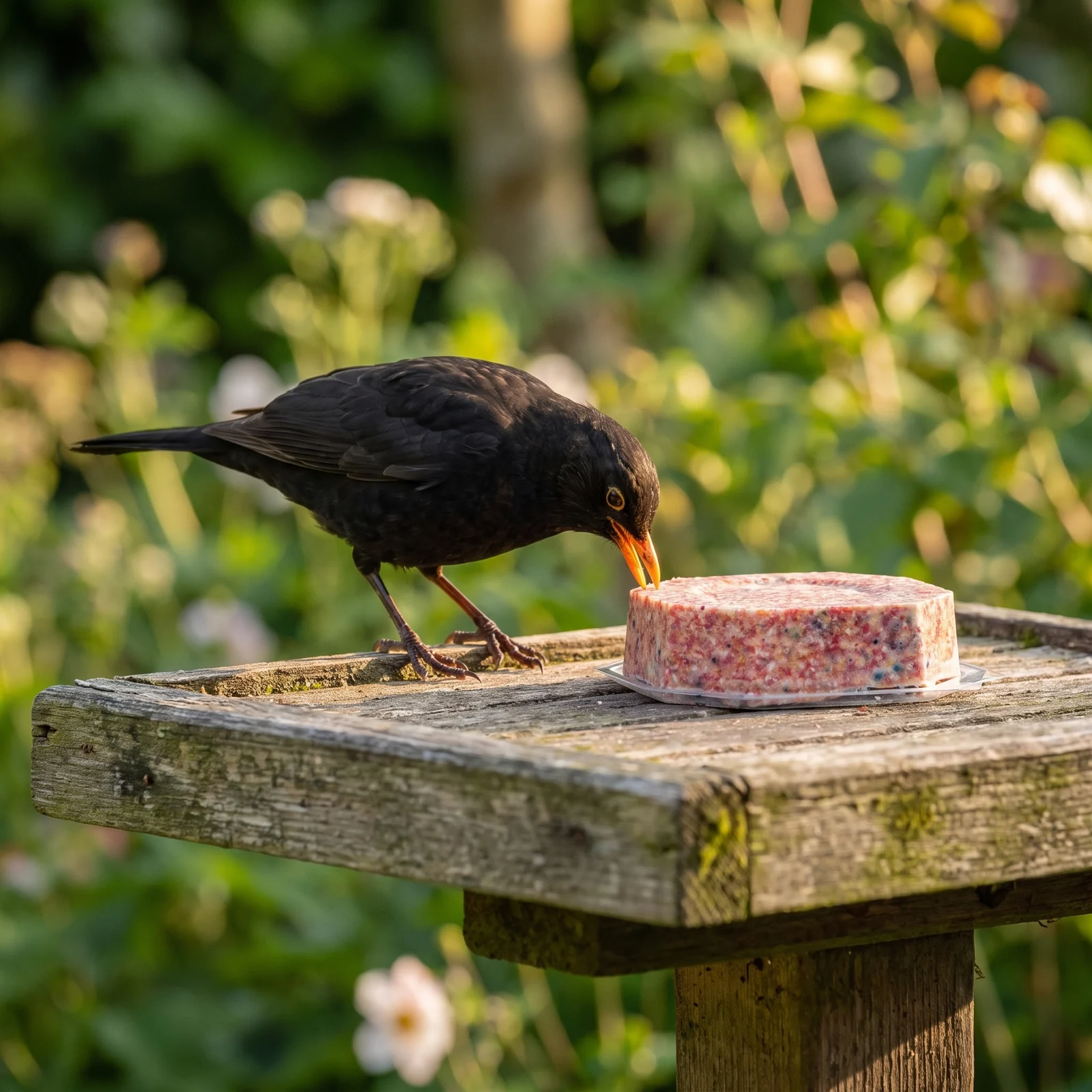 Merel eet van vetblok met vruchten – The Bird Family