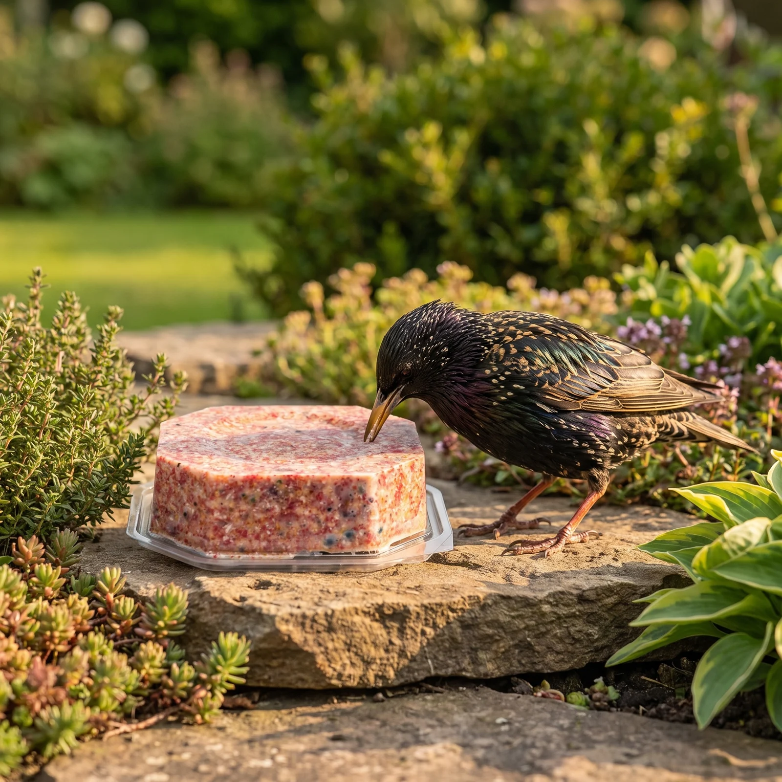 Spreeuw eet van vetblok met vruchten – The Bird Family