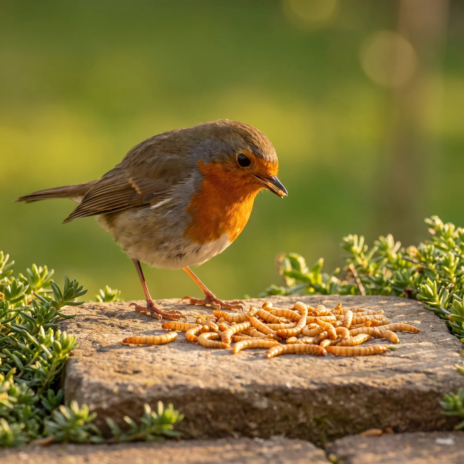 Roodborst eet gedroogde meelwormen – The Bird Family