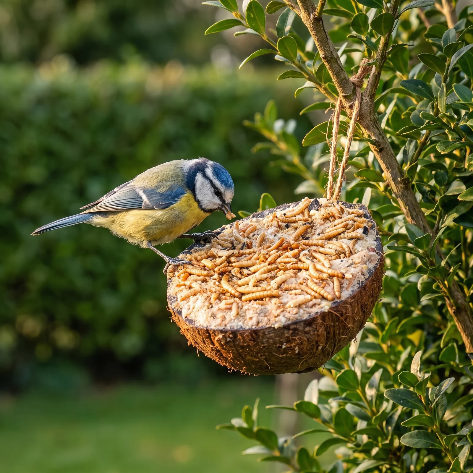 Pimpelmees eet van halve gevulde kokosnoot meelworm – The Bird Family
