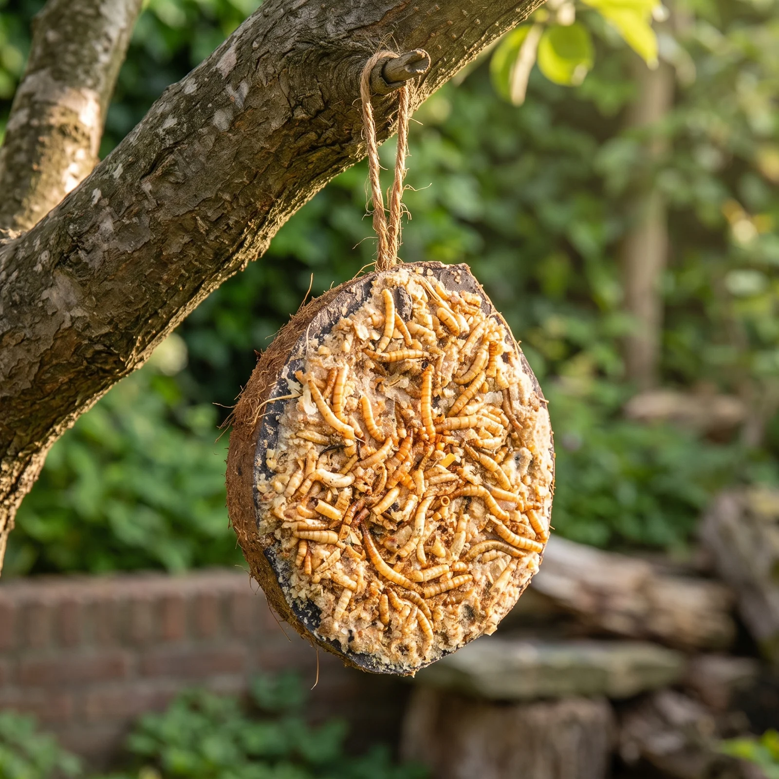 Halve gevulde kokosnoot meelworm in de tuin – The Bird Family