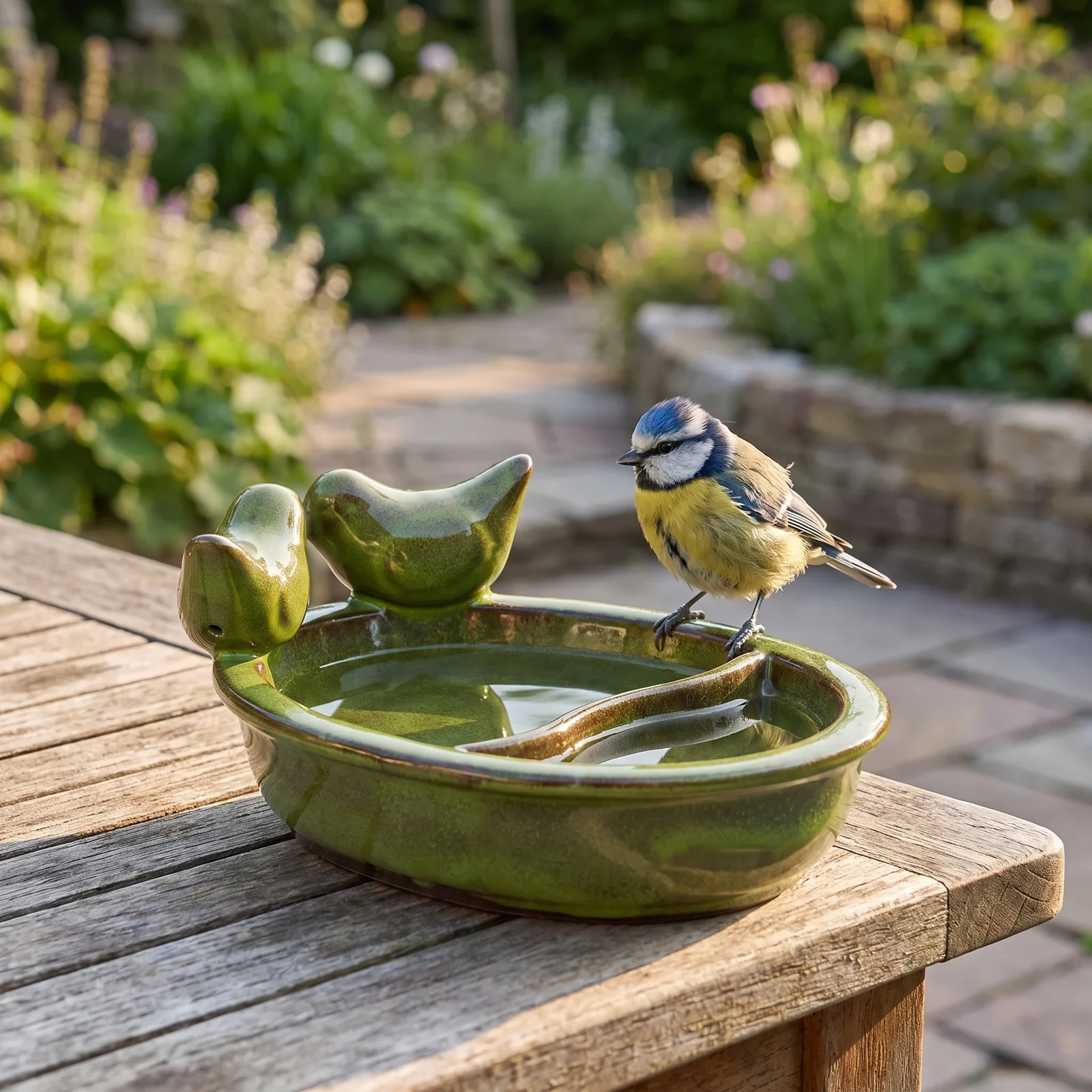A blue tit bij een drinkschaal tuinvogels groen