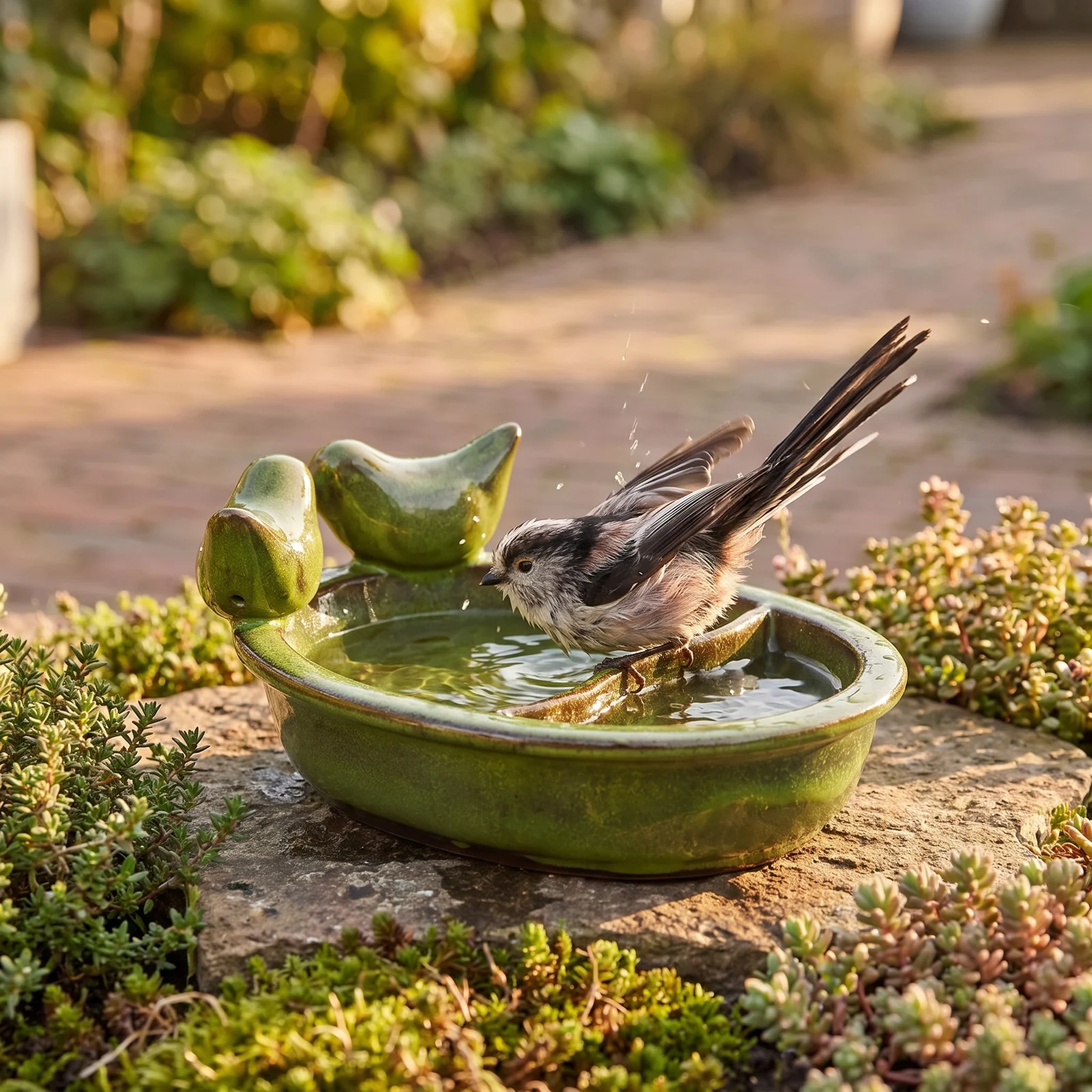 A long-tailed tit bij een drinkschaal tuinvogels groen