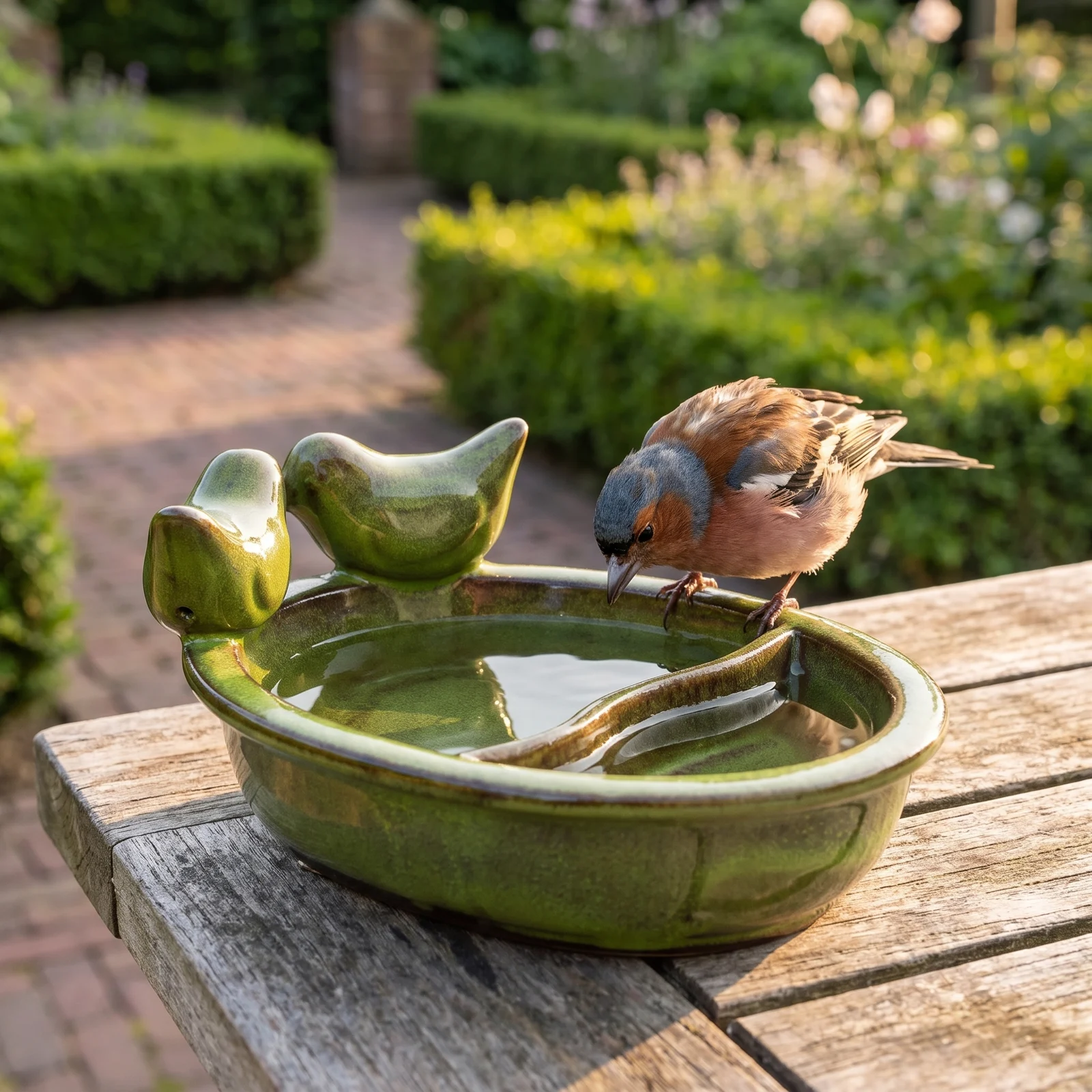 A chaffinch bij een drinkschaal tuinvogels groen