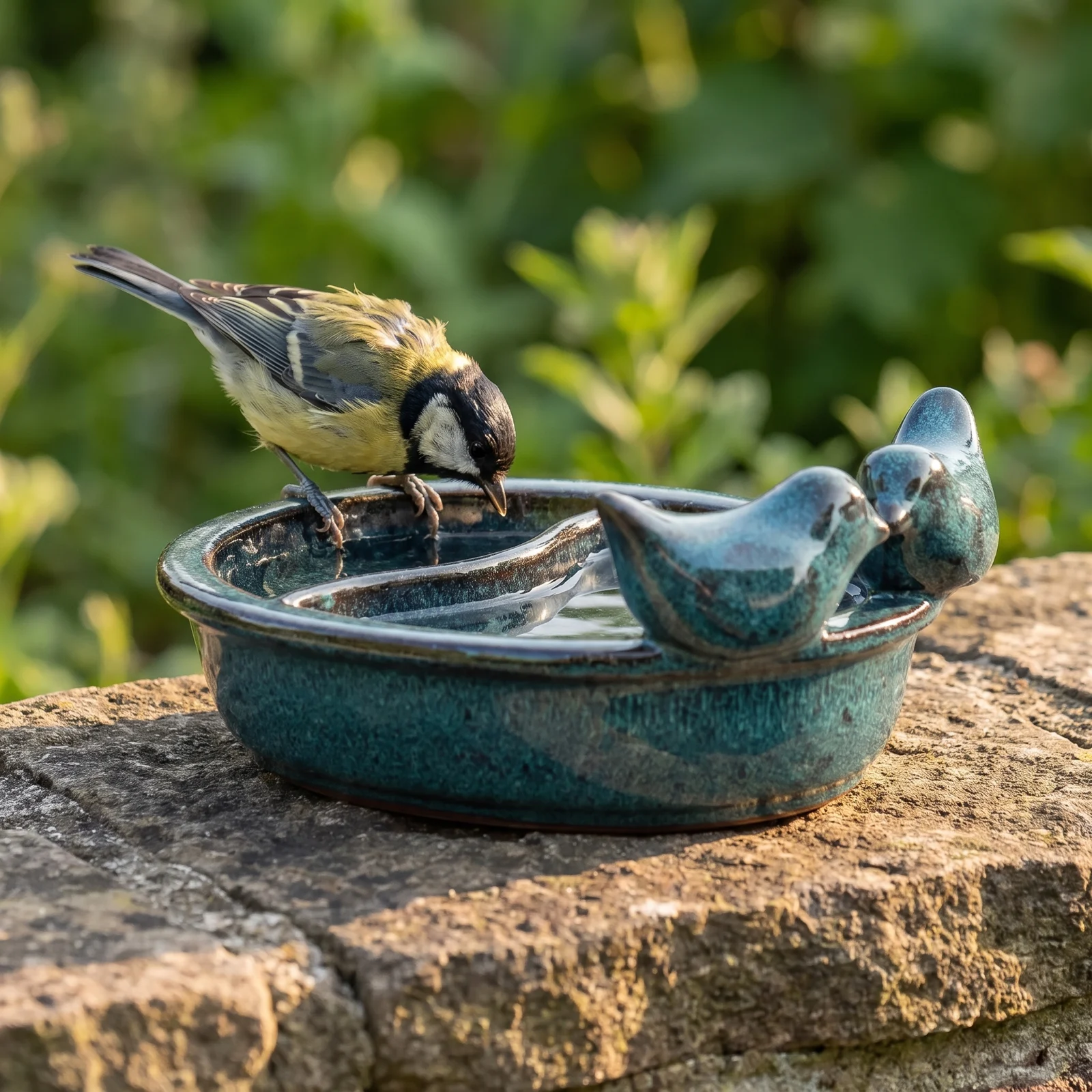 A great tit bij een drinkschaal tuinvogels petrol