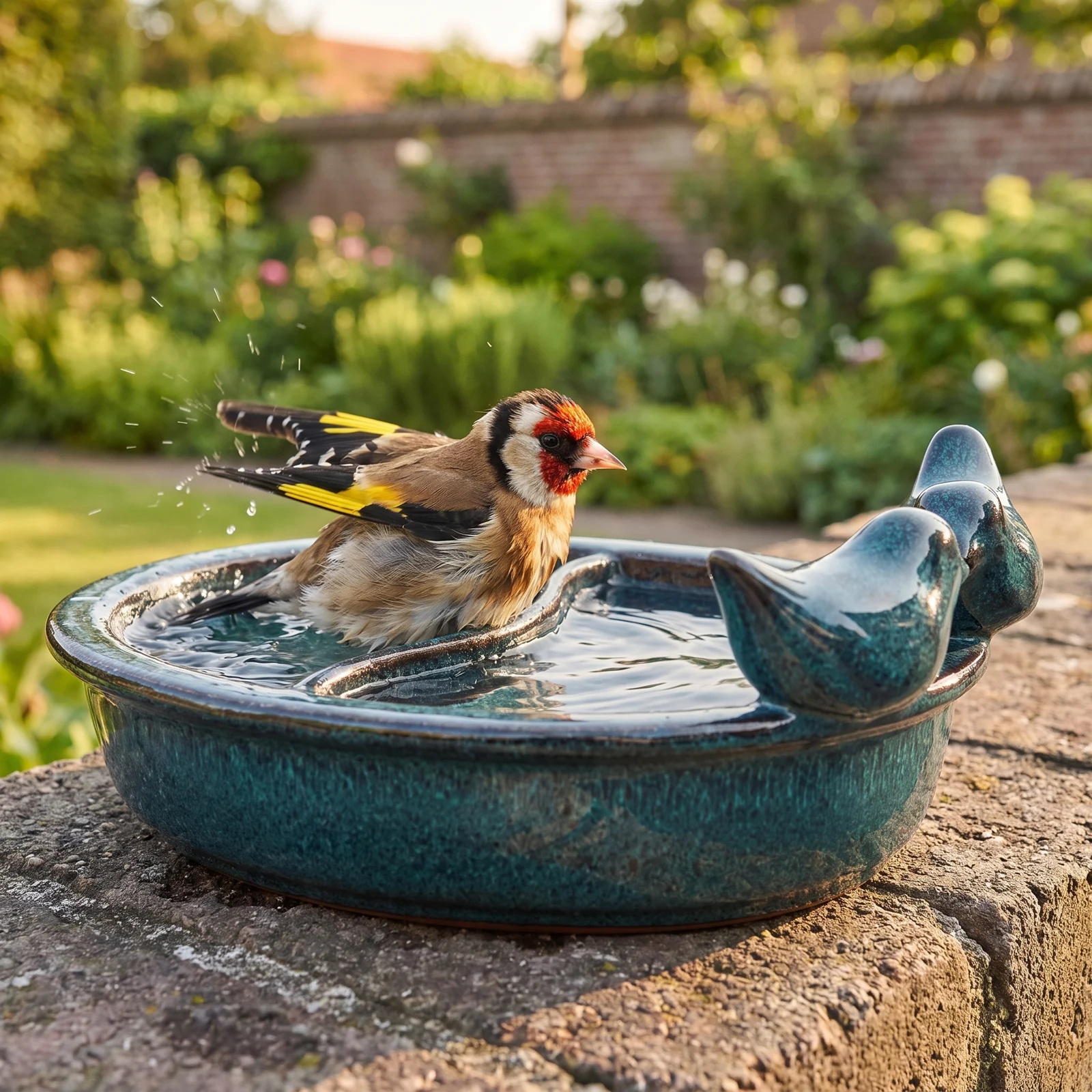 A european goldfinch bij een drinkschaal tuinvogels petrol