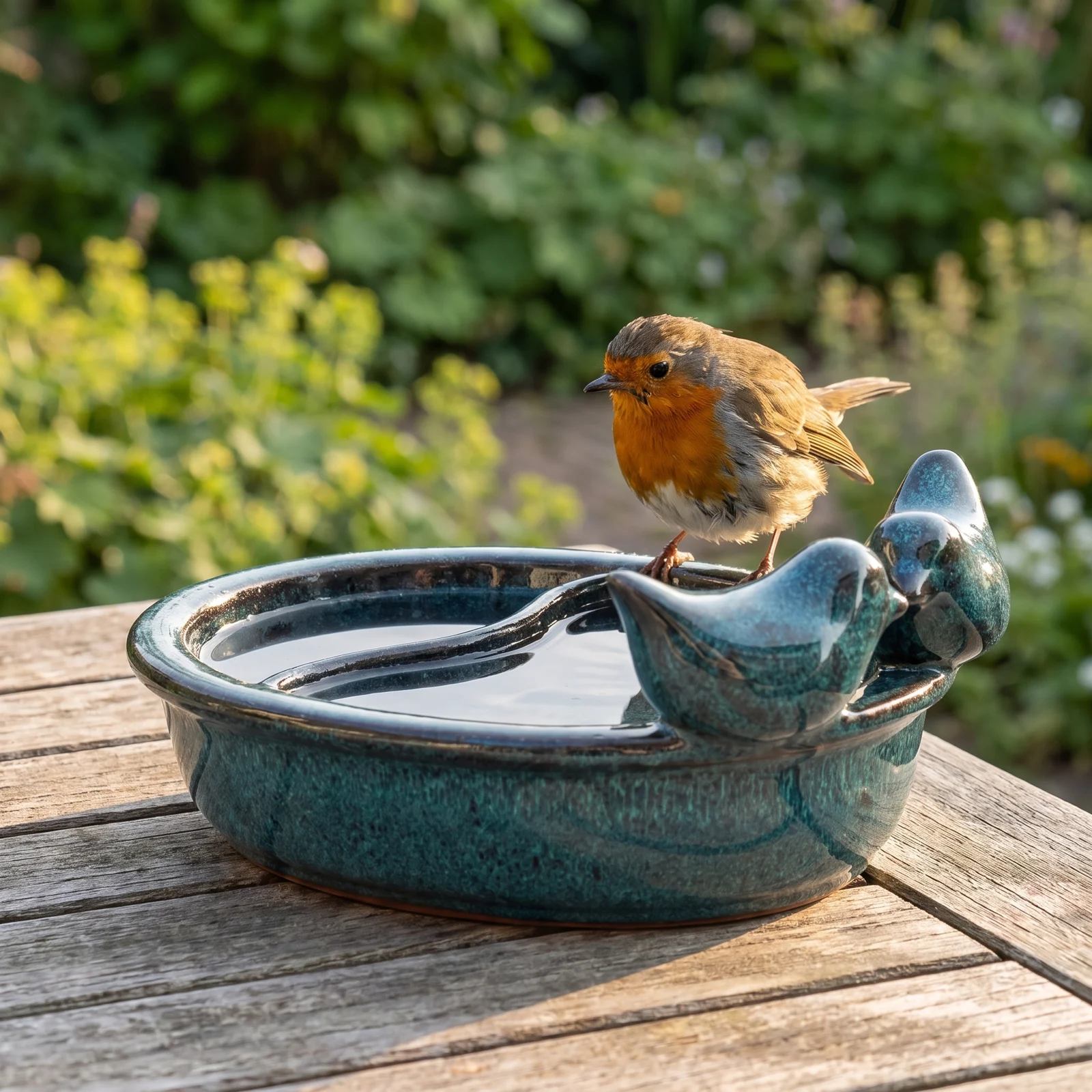 A european robin bij een drinkschaal tuinvogels petrol