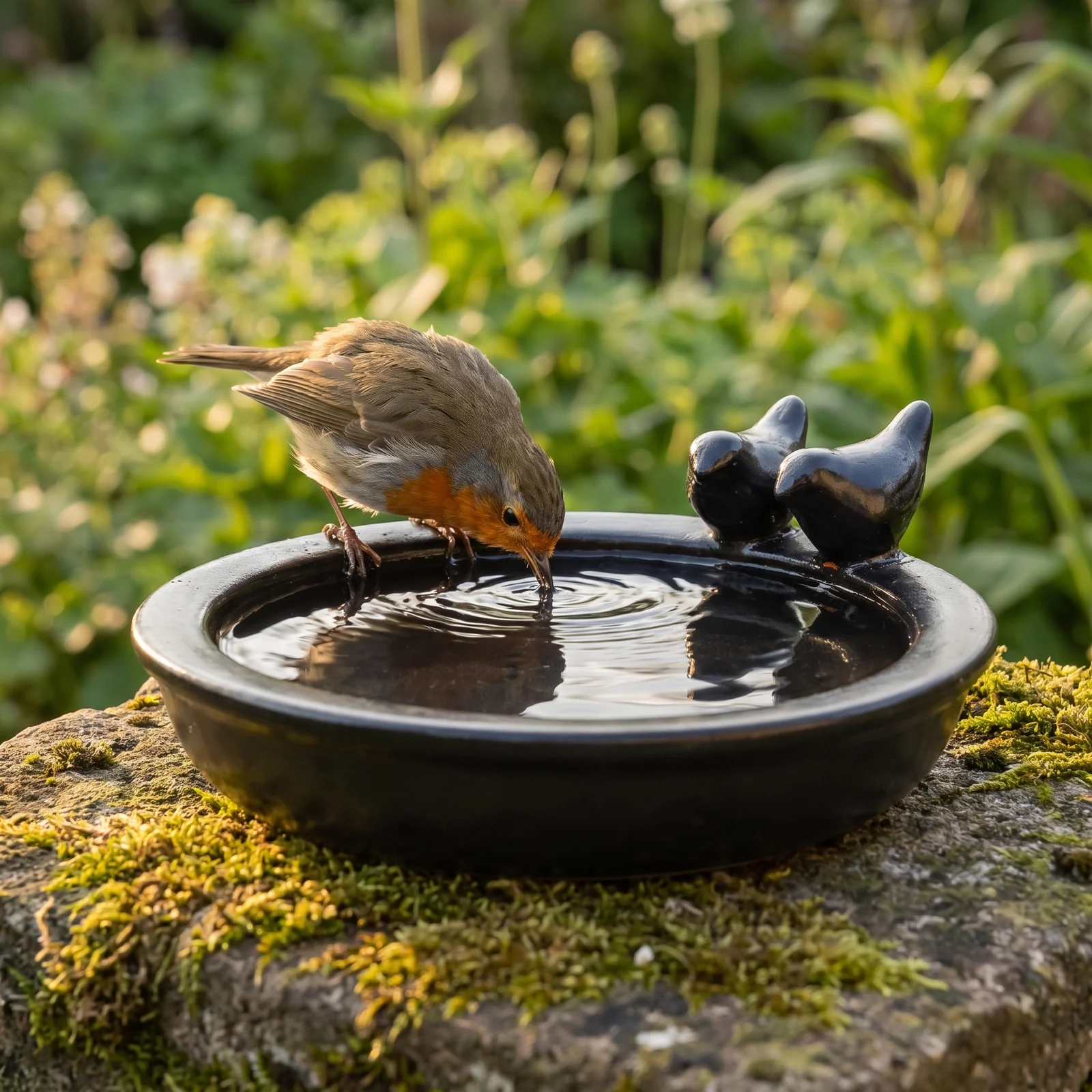 A european robin bij een keramiek vogelbad zwart