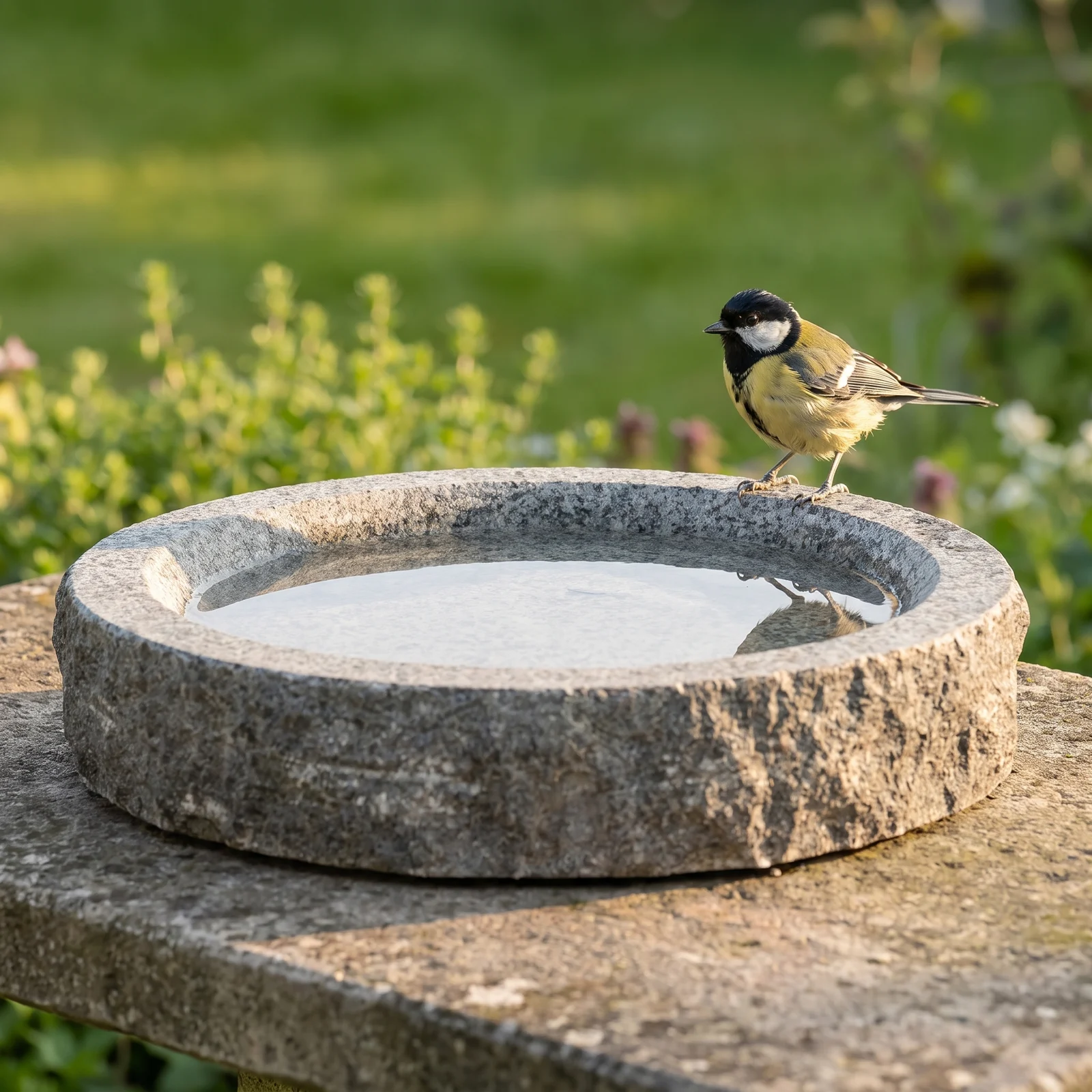 A great tit bij een granieten vogelbad