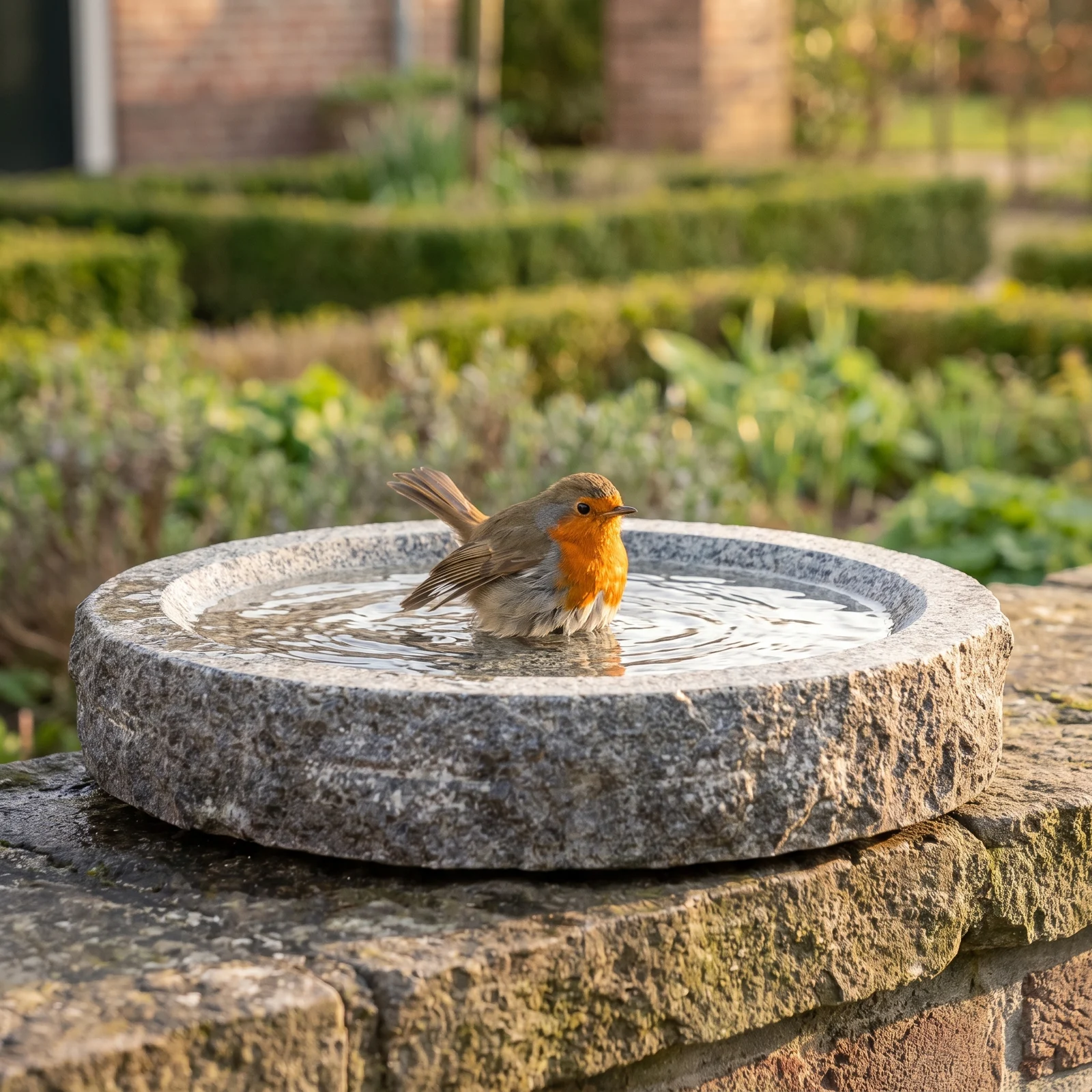 A european robin bij een granieten vogelbad