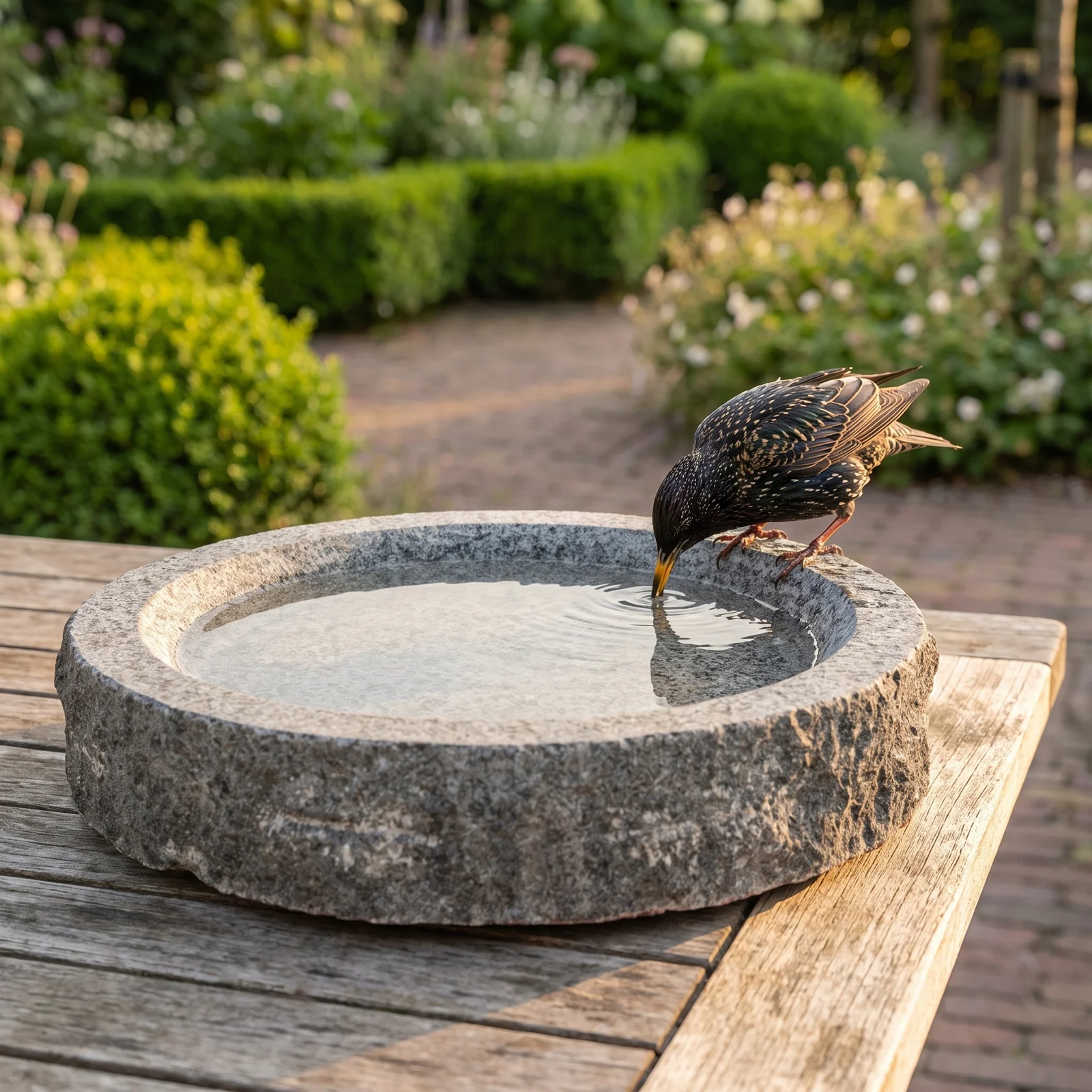 A common starling bij een granieten vogelbad