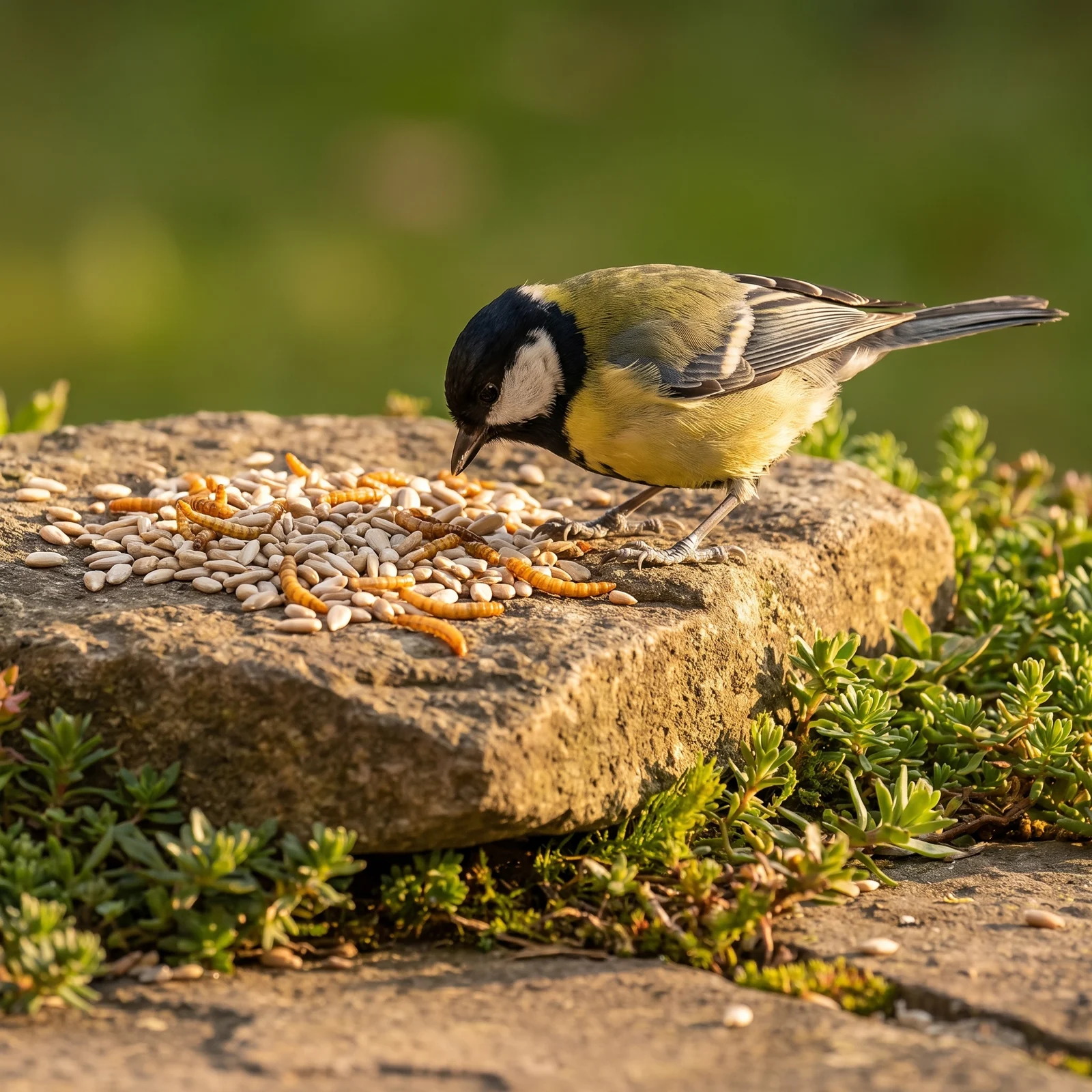Koolmees eet gepelde zonnebloempitten met meelwormen – The Bird Family