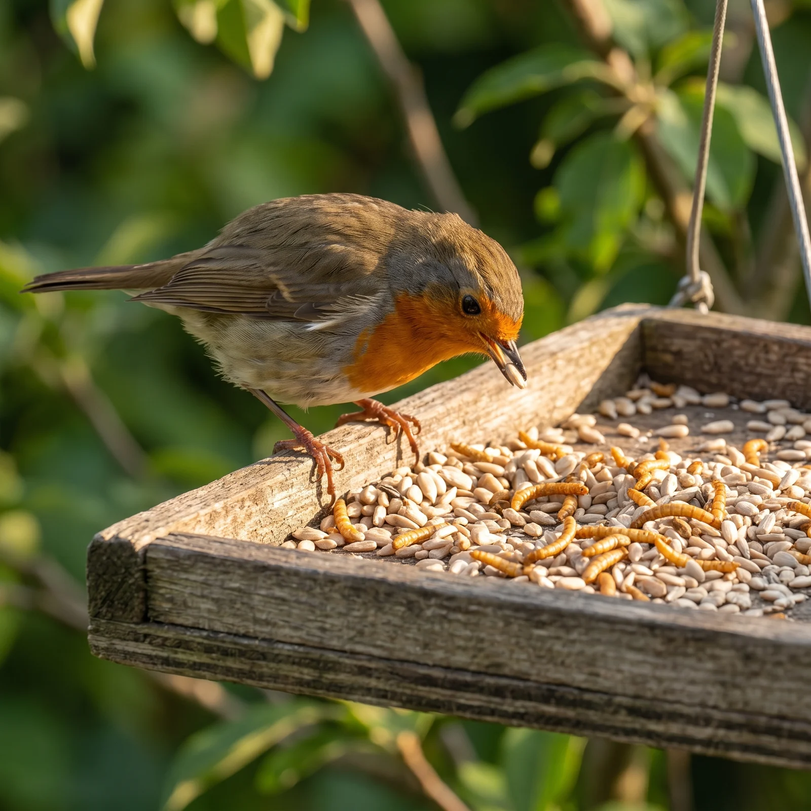 Roodborst eet gepelde zonnebloempitten met meelwormen – The Bird Family