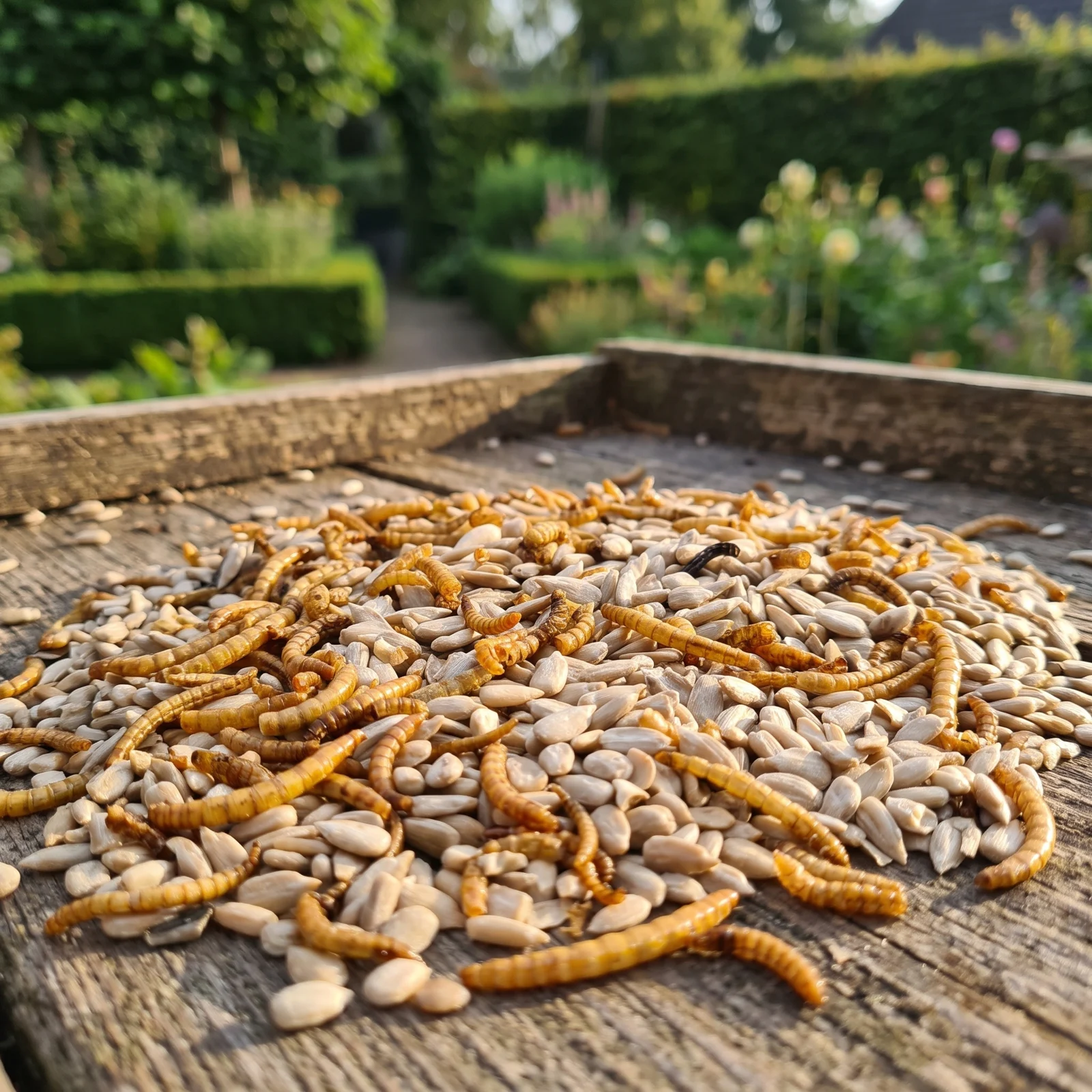 Gepelde zonnebloempitten met meelwormen op een voedertafel in de tuin – The Bird Family
