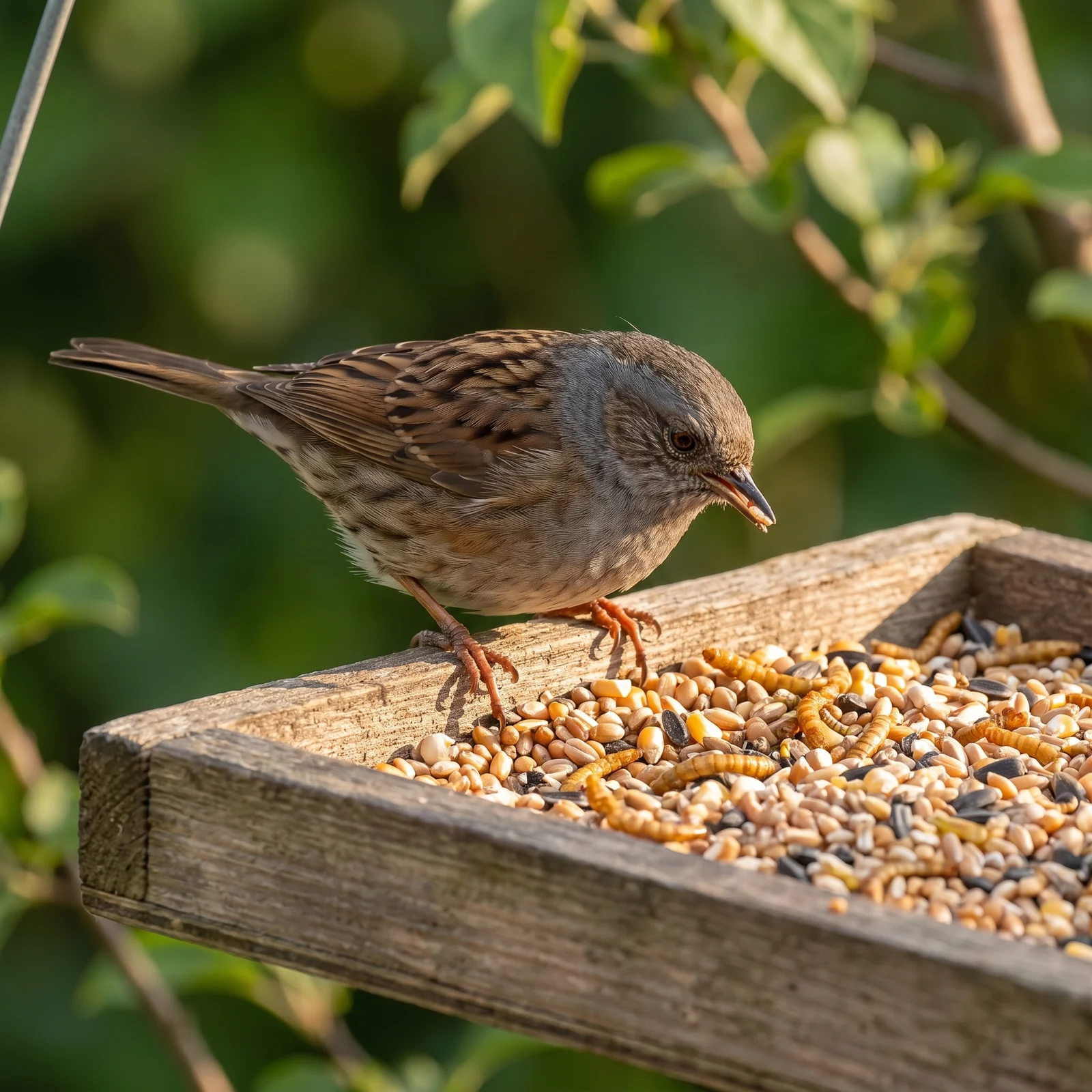 Heggenmus eet strooivoer Supra all season met meelwormen – The Bird Family