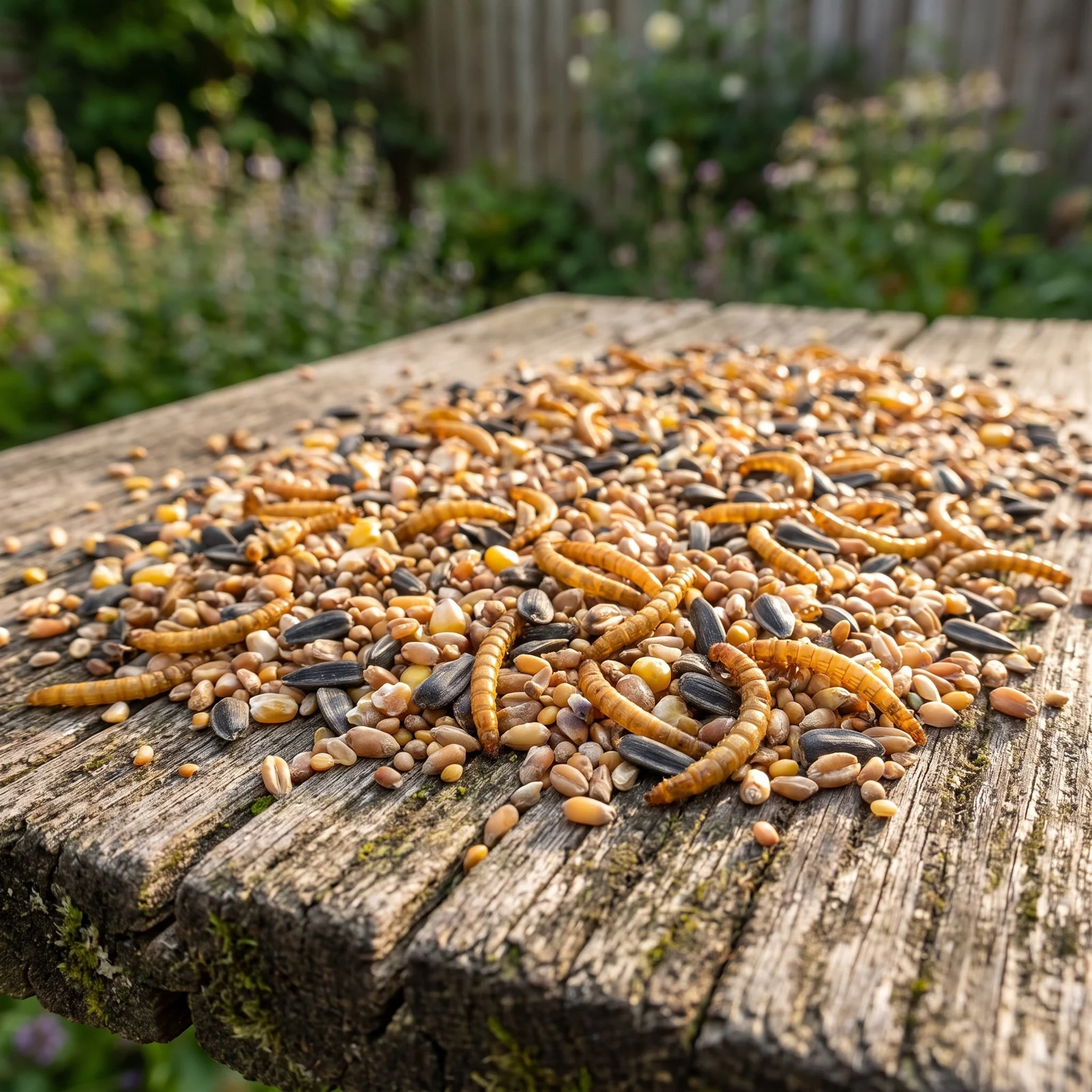 Strooivoer Supra all season met meelwormen op een voedertafel in de tuin – The Bird Family