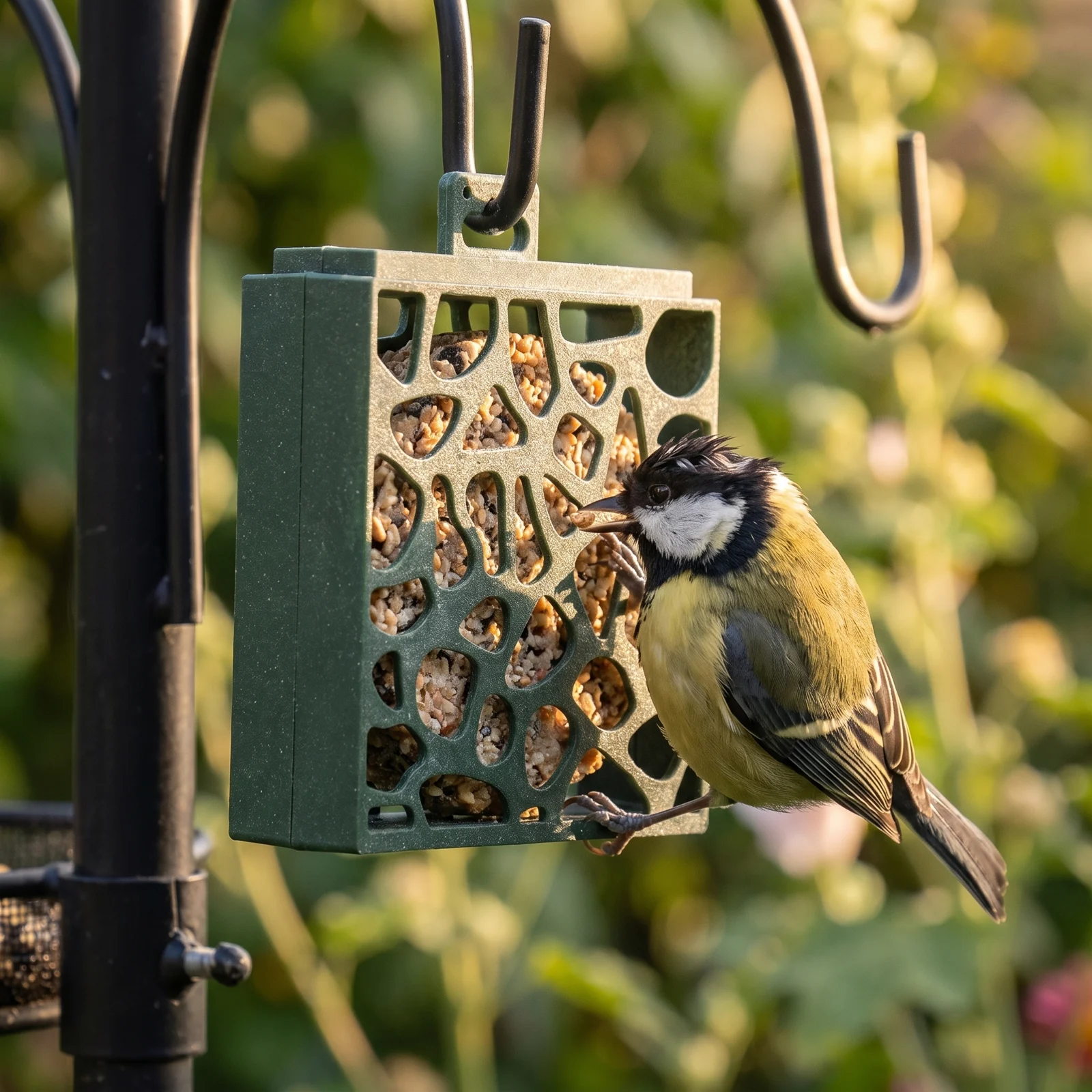 Koolmees eet uit vogelcakehouder Hulst – The Bird Family