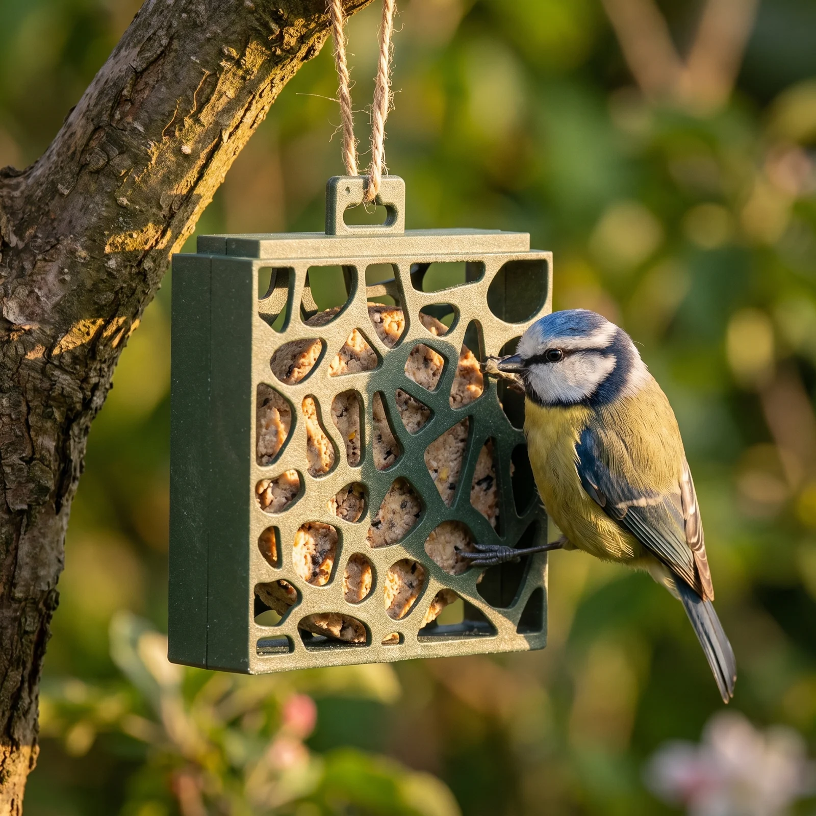 Pimpelmees eet uit vogelcakehouder Hulst – The Bird Family