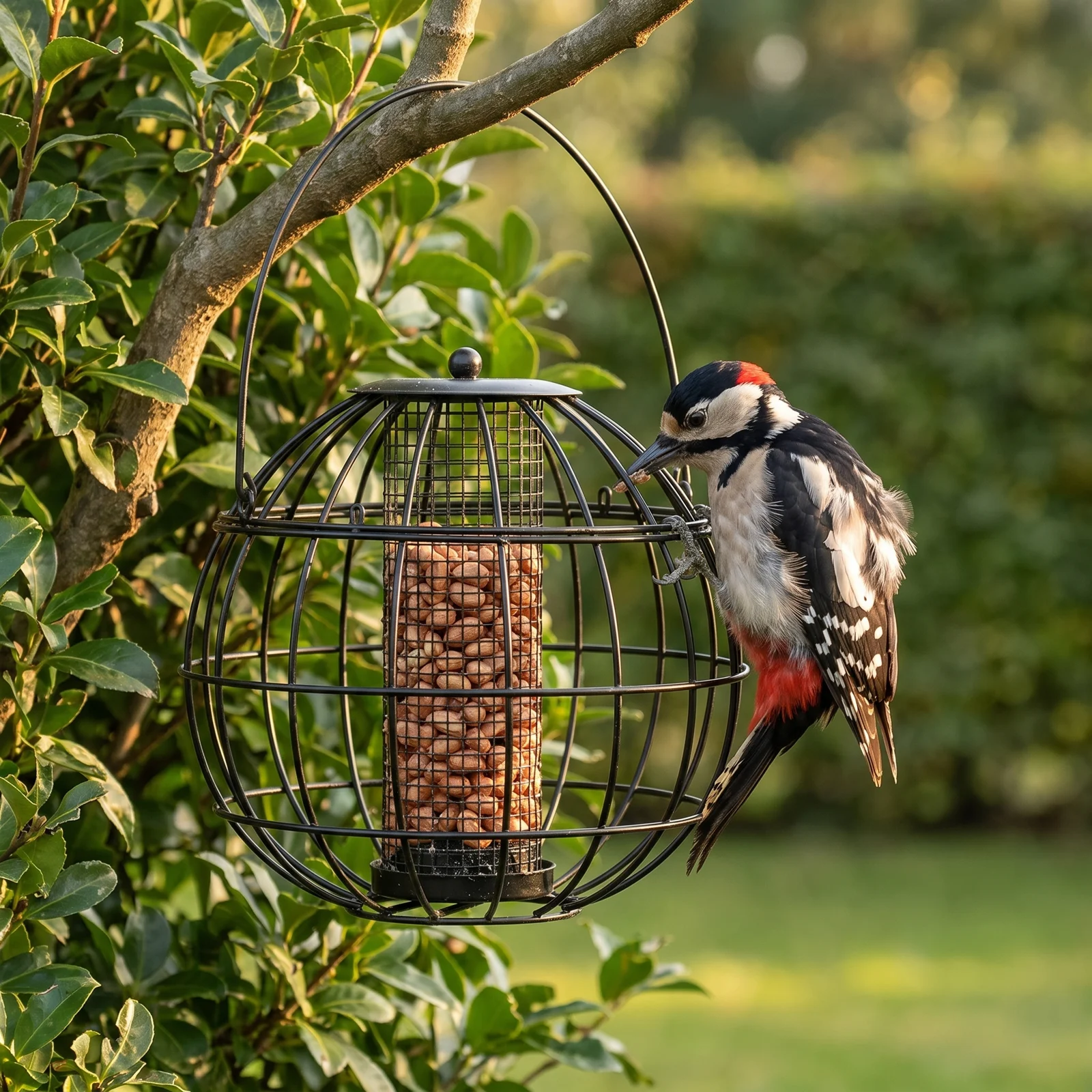 Grote bonte specht eet uit pindasilo Alant – The Bird Family