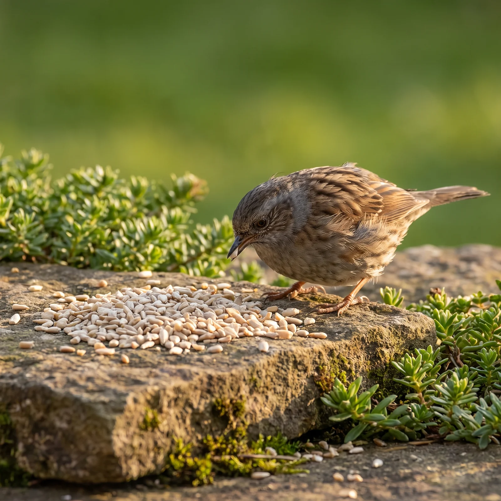 Heggenmus eet gepelde zonnebloempit-stukjes – The Bird Family
