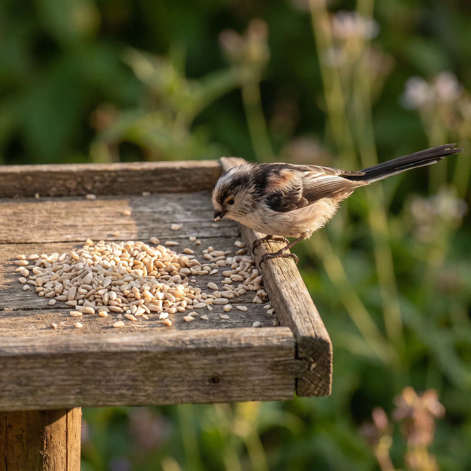 Staartmees eet gepelde zonnebloempit-stukjes – The Bird Family