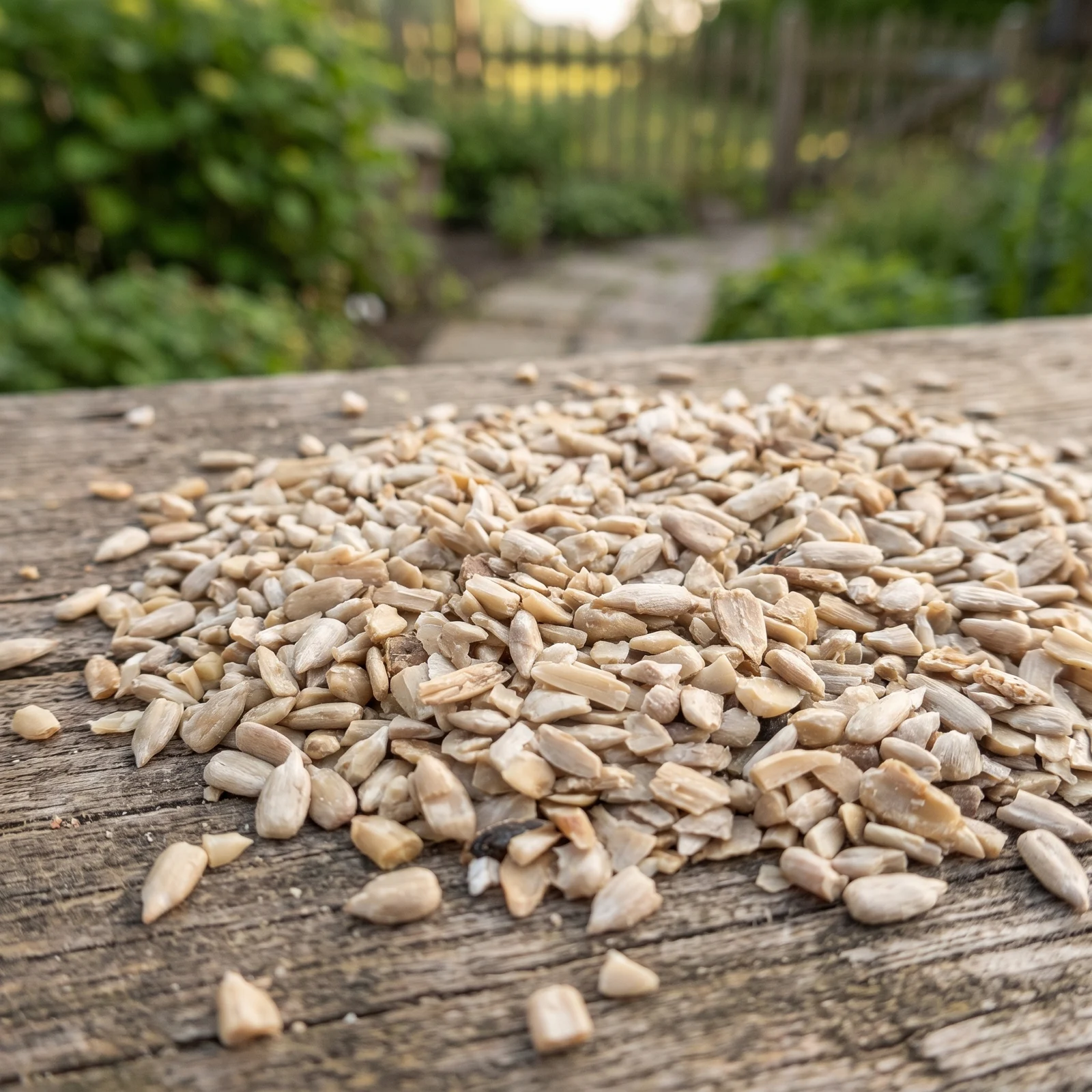 Gepelde zonnebloempit-stukjes op een voedertafel in de tuin – The Bird Family