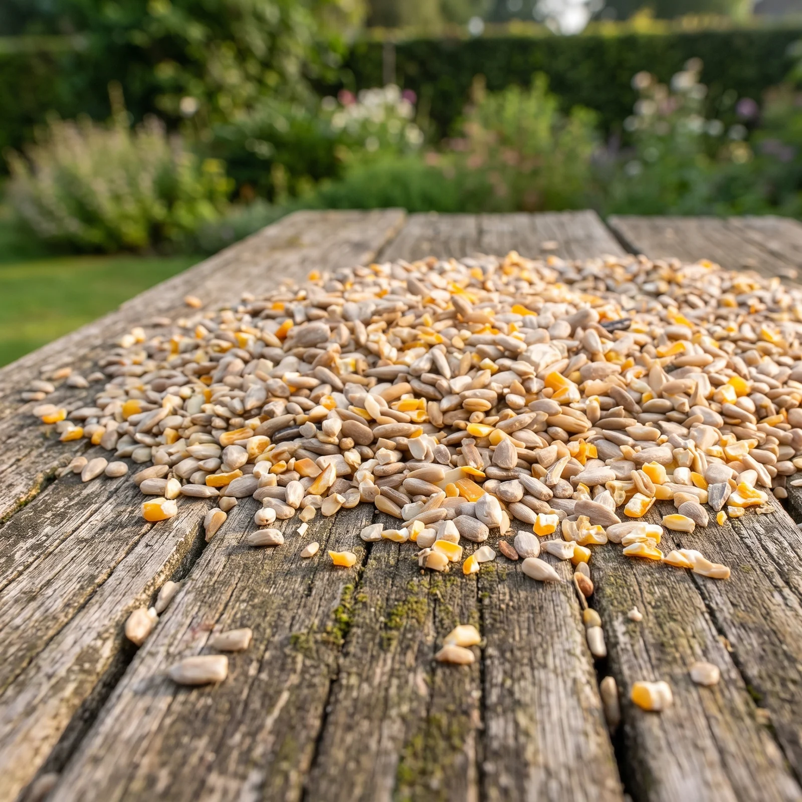 Strooivoer High Energy Plus op een voedertafel in de tuin – The Bird Family