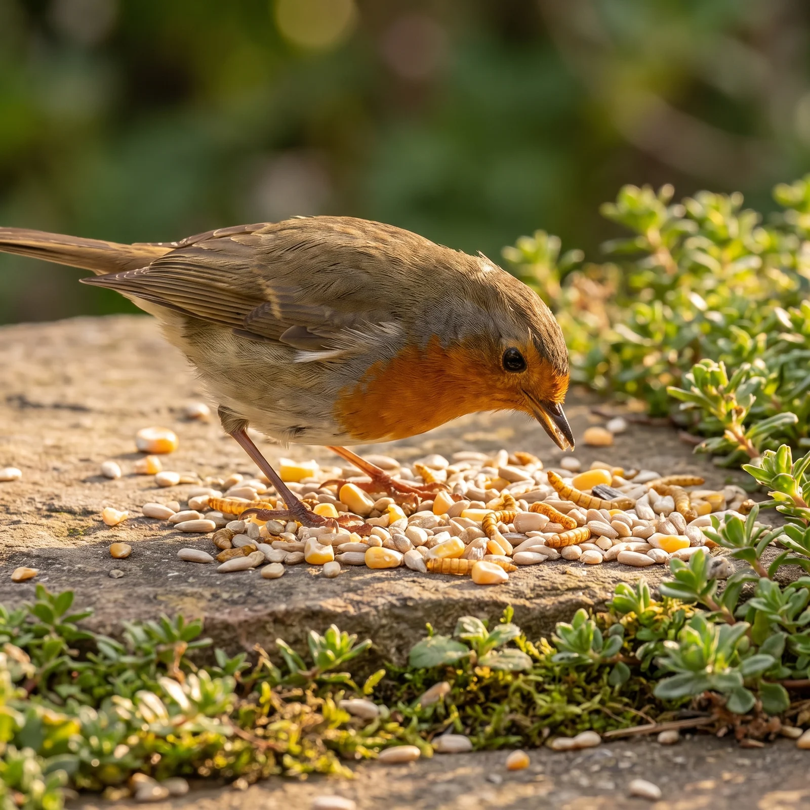 Roodborst eet strooivoer High Energy Plus met meelwormen – The Bird Family