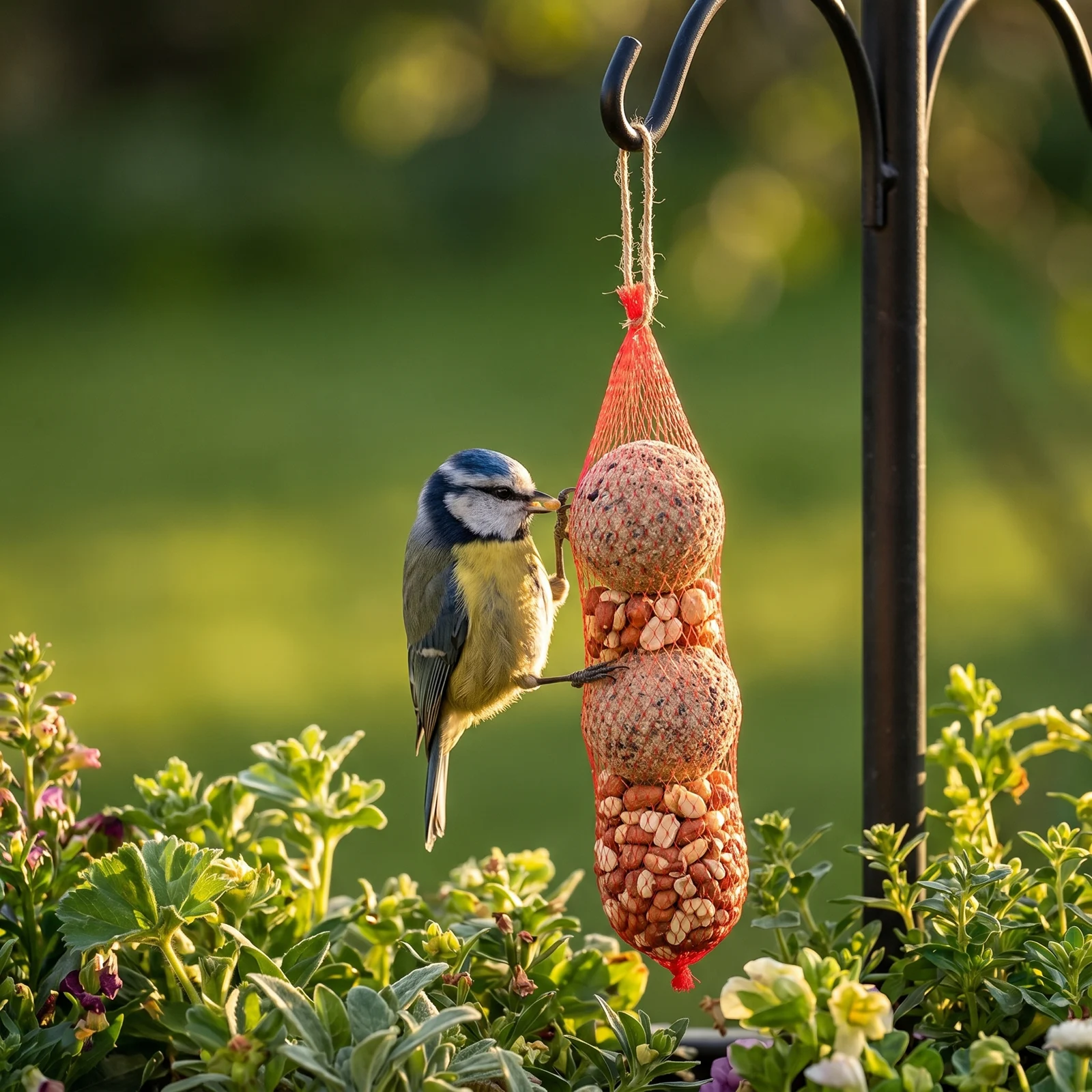 Pimpelmees eet van pindaslinger met mezenbollen – The Bird Family